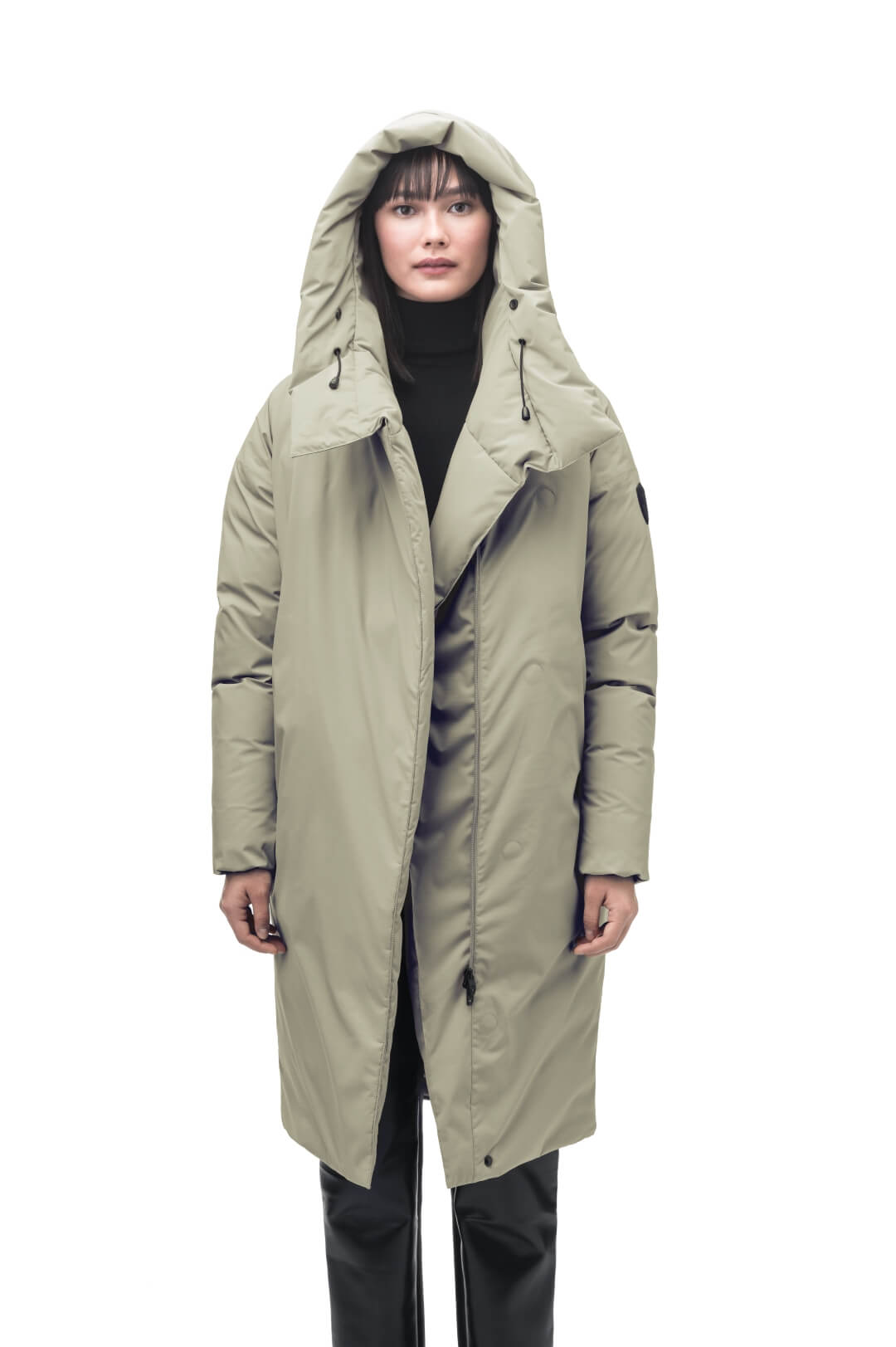 Axis Ladies Oversized Coat in knee length, Canadian duck down insulation, and two-way front zipper, in Tea