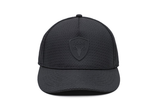 Unisex jersey 5-panel baseball hat with curved brim and adjustable strap at back in Black