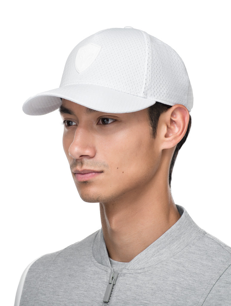 Unisex jersey 5-panel baseball hat with curved brim and adjustable strap at back in White