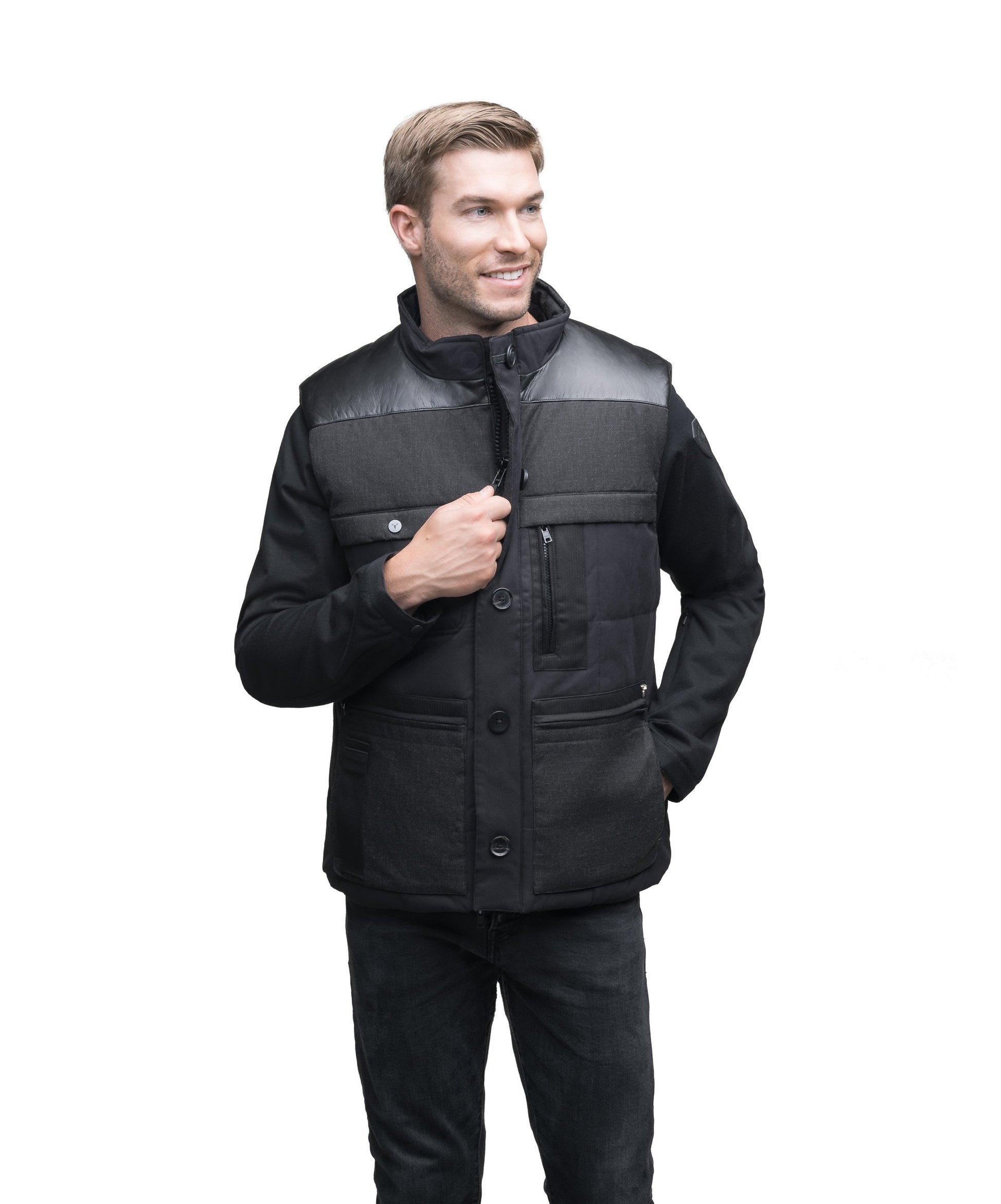 Men's premium down filled vest with unique washable leather detailing in Black