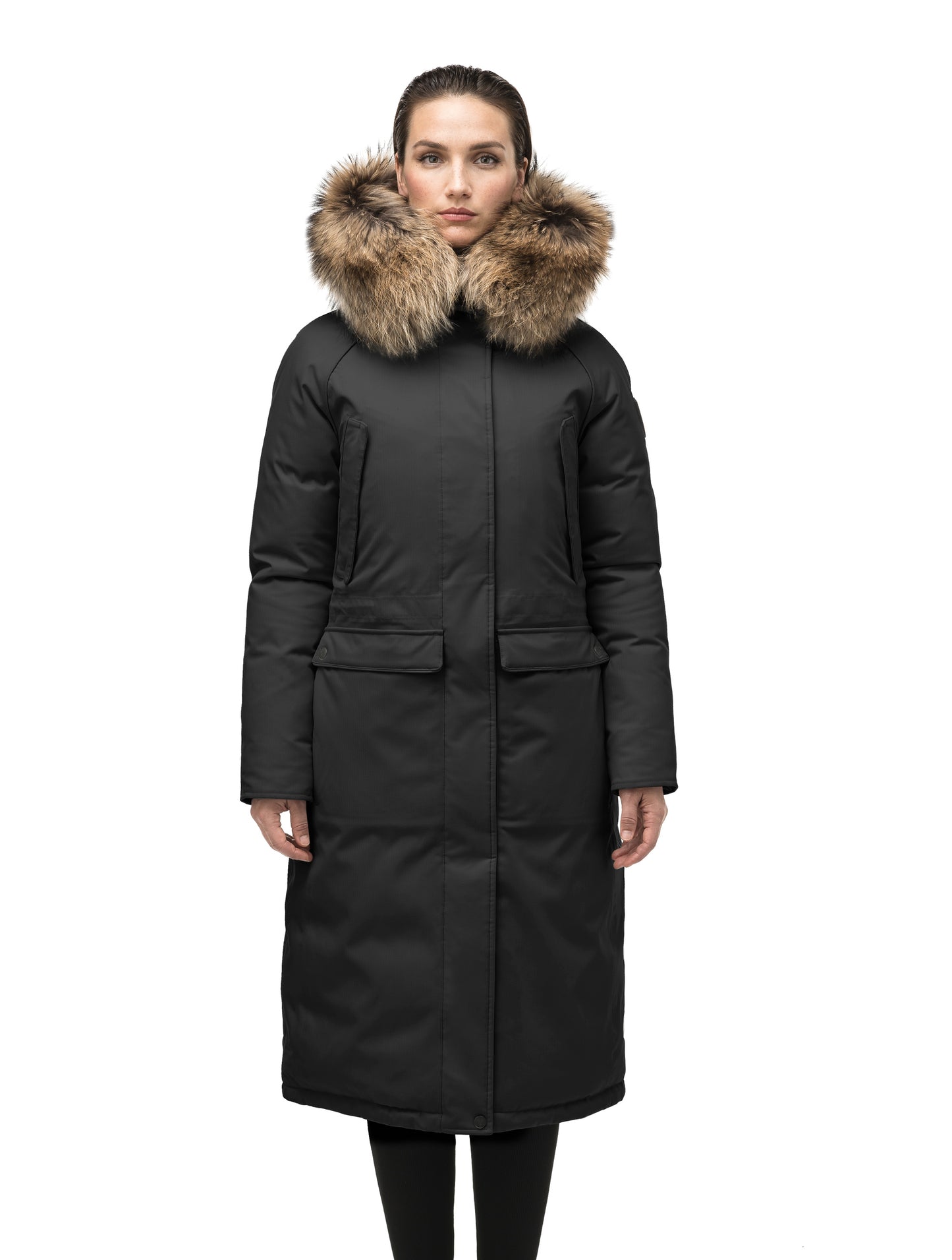 Ladies knee length down-filled parka with four exterior pockets, and a non-removable hood with detachable fur trim in Black