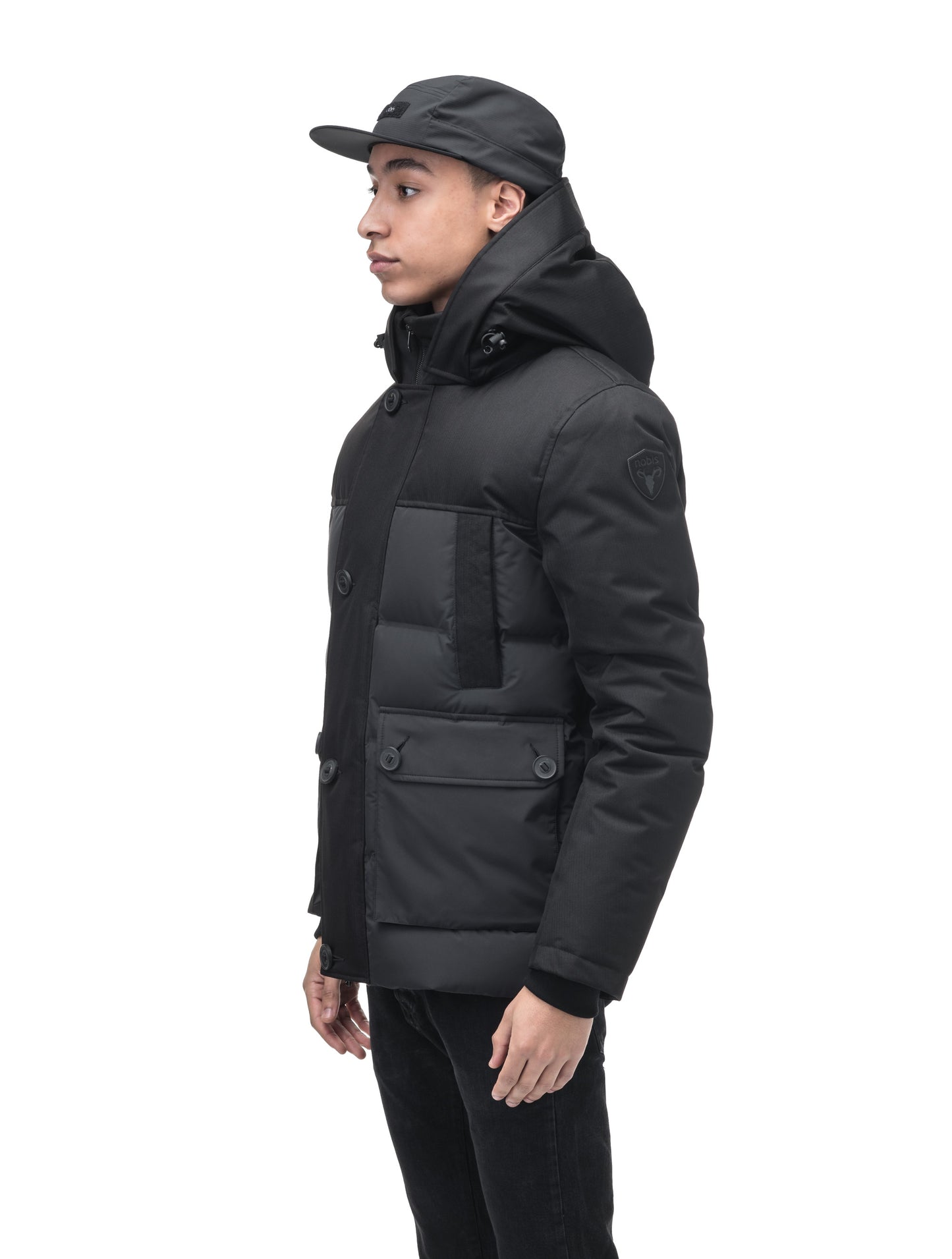 Cardinal Men's Puffer Parka in hip length, Canadian duck down insulation, removable hood, quilted body, and two-way front zipper, in Black