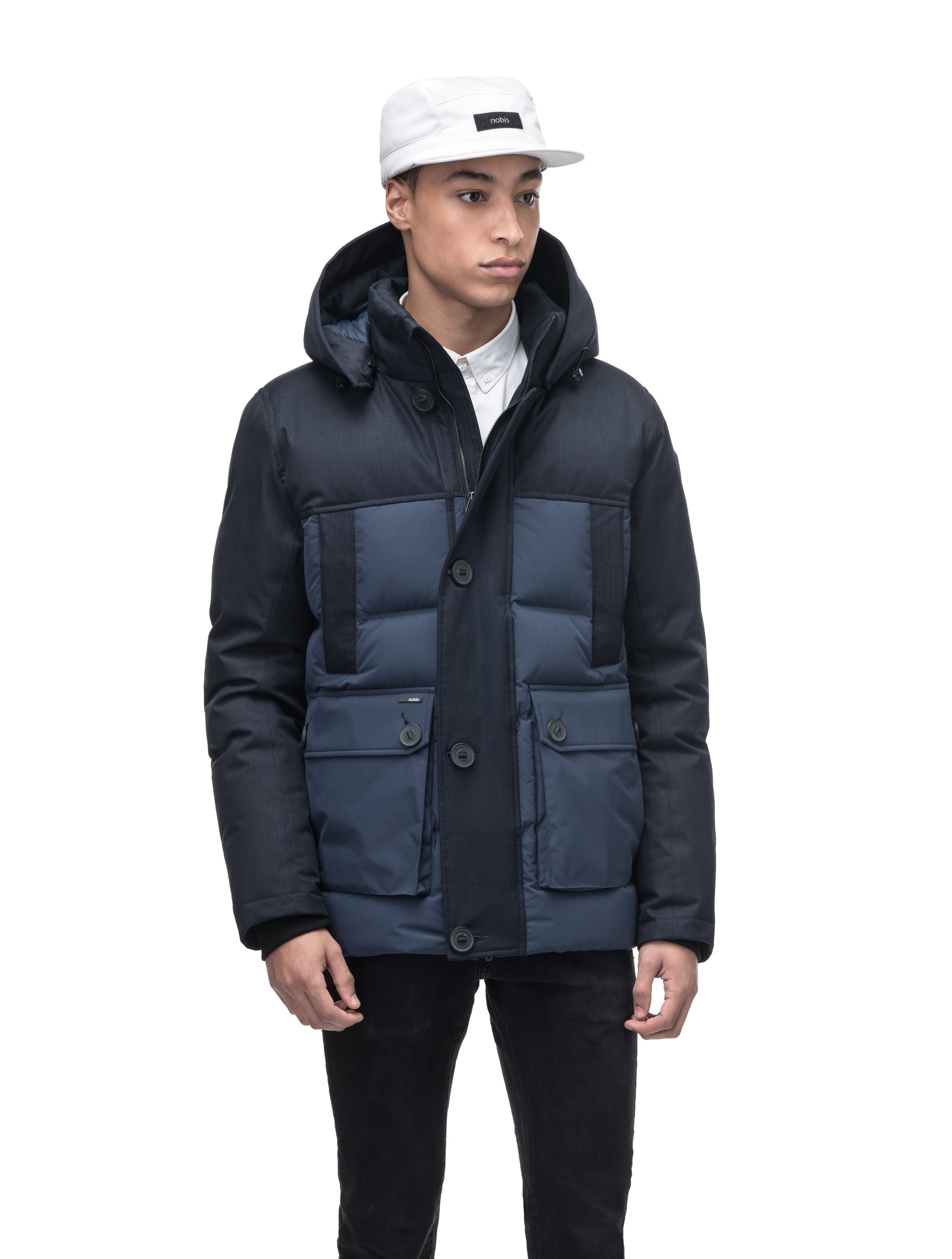 Cardinal Men's Puffer Parka in hip length, Canadian duck down insulation, removable hood, quilted body, and two-way front zipper, in Navy