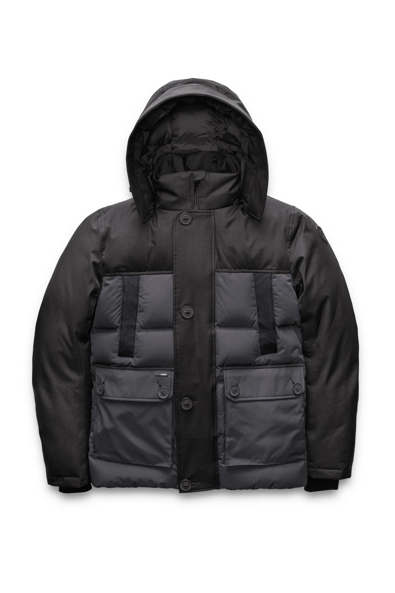 Cardinal Men's Puffer Parka in hip length, Canadian duck down insulation, removable hood, quilted body, and two-way front zipper, in Black