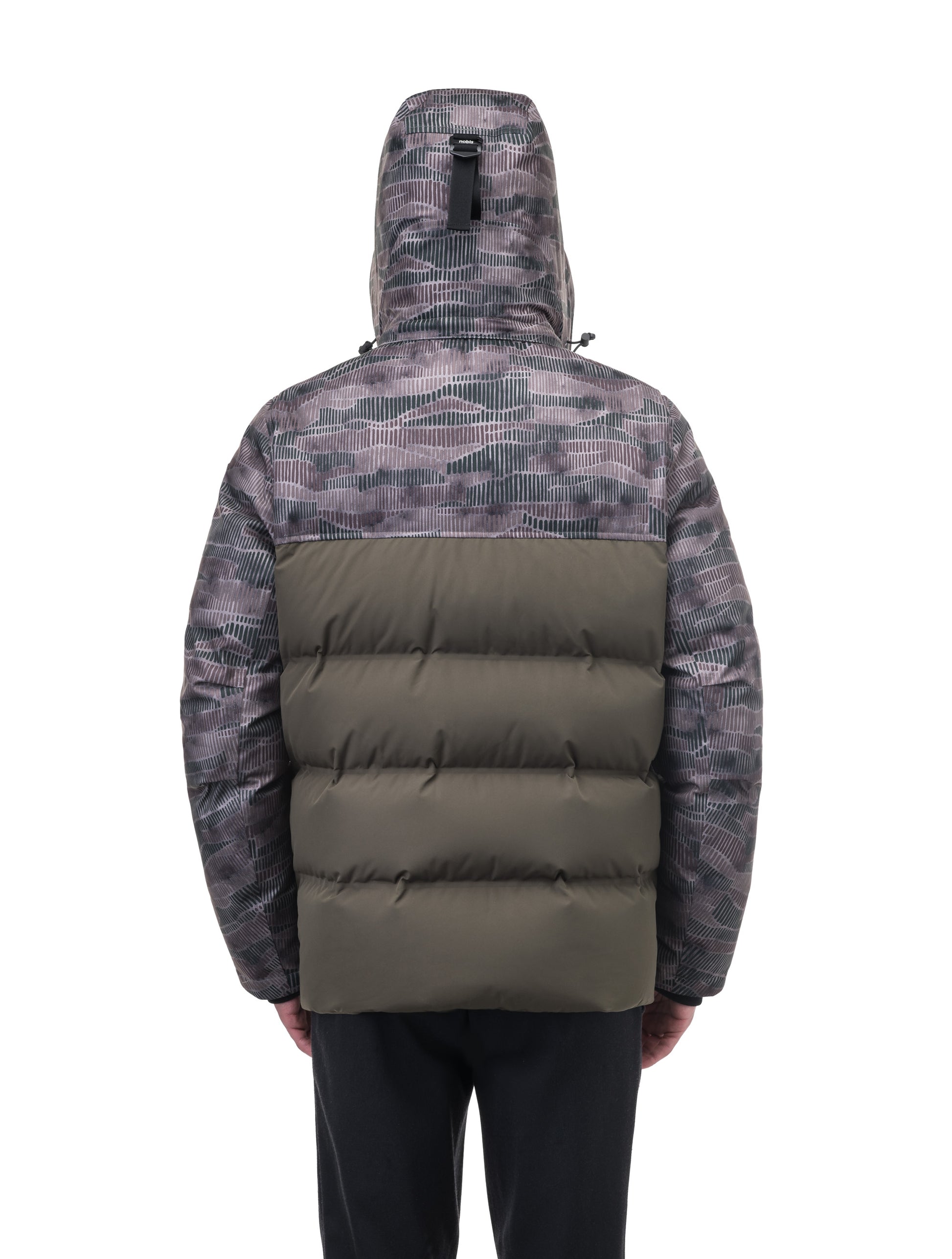 Cardinal Men's Puffer Parka in hip length, Canadian duck down insulation, removable hood, quilted body, and two-way front zipper, in Dark Sandstorm