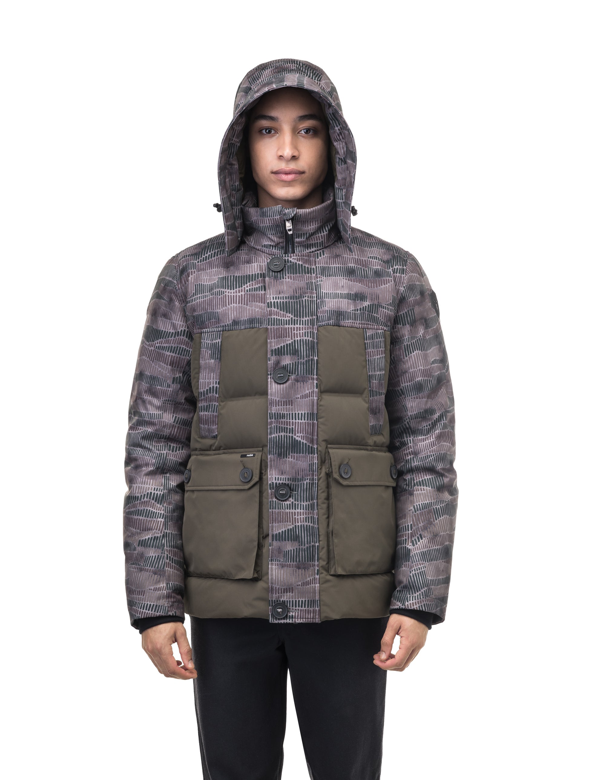 Cardinal Men's Puffer Parka in hip length, Canadian duck down insulation, removable hood, quilted body, and two-way front zipper, in Dark Sandstorm