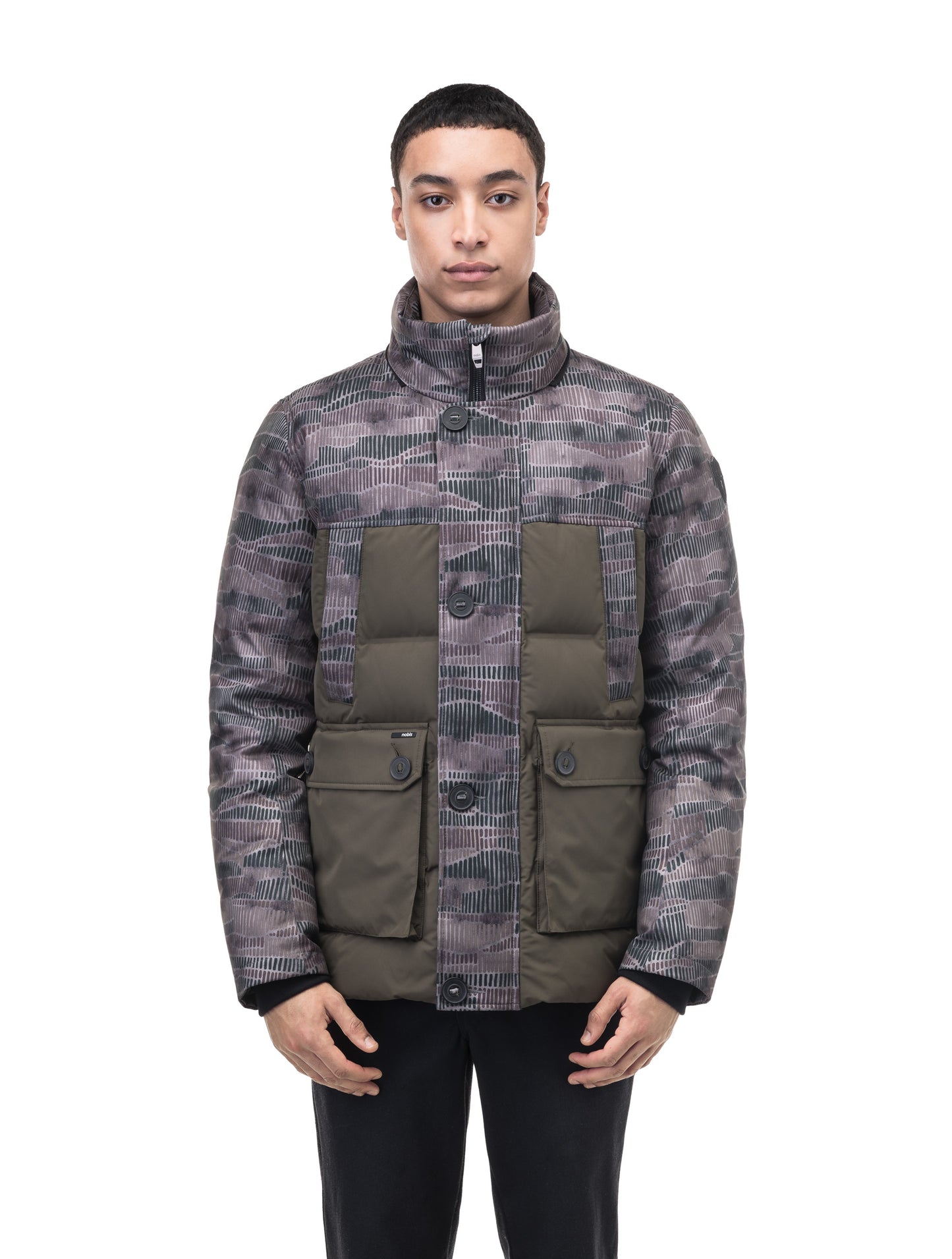 Cardinal Men's Puffer Parka in hip length, Canadian duck down insulation, removable hood, quilted body, and two-way front zipper, in Dark Sandstorm