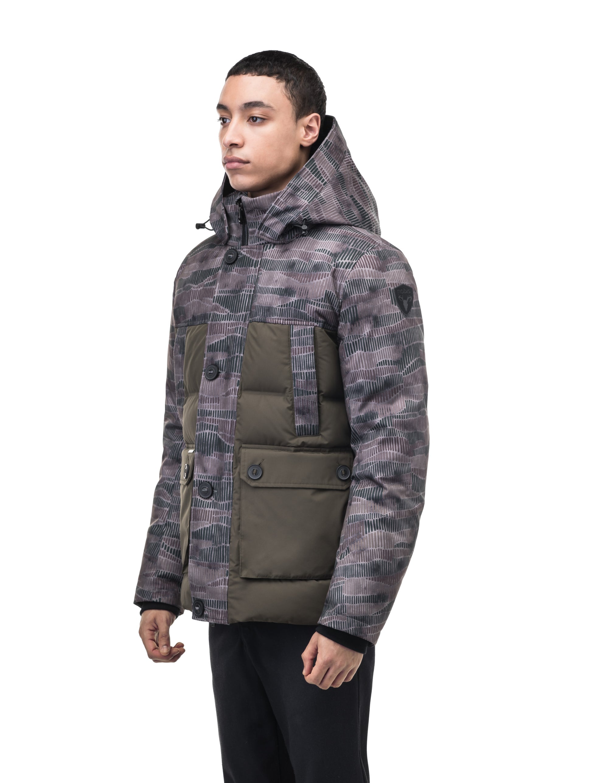 Cardinal Men's Puffer Parka in hip length, Canadian duck down insulation, removable hood, quilted body, and two-way front zipper, in Dark Sandstorm