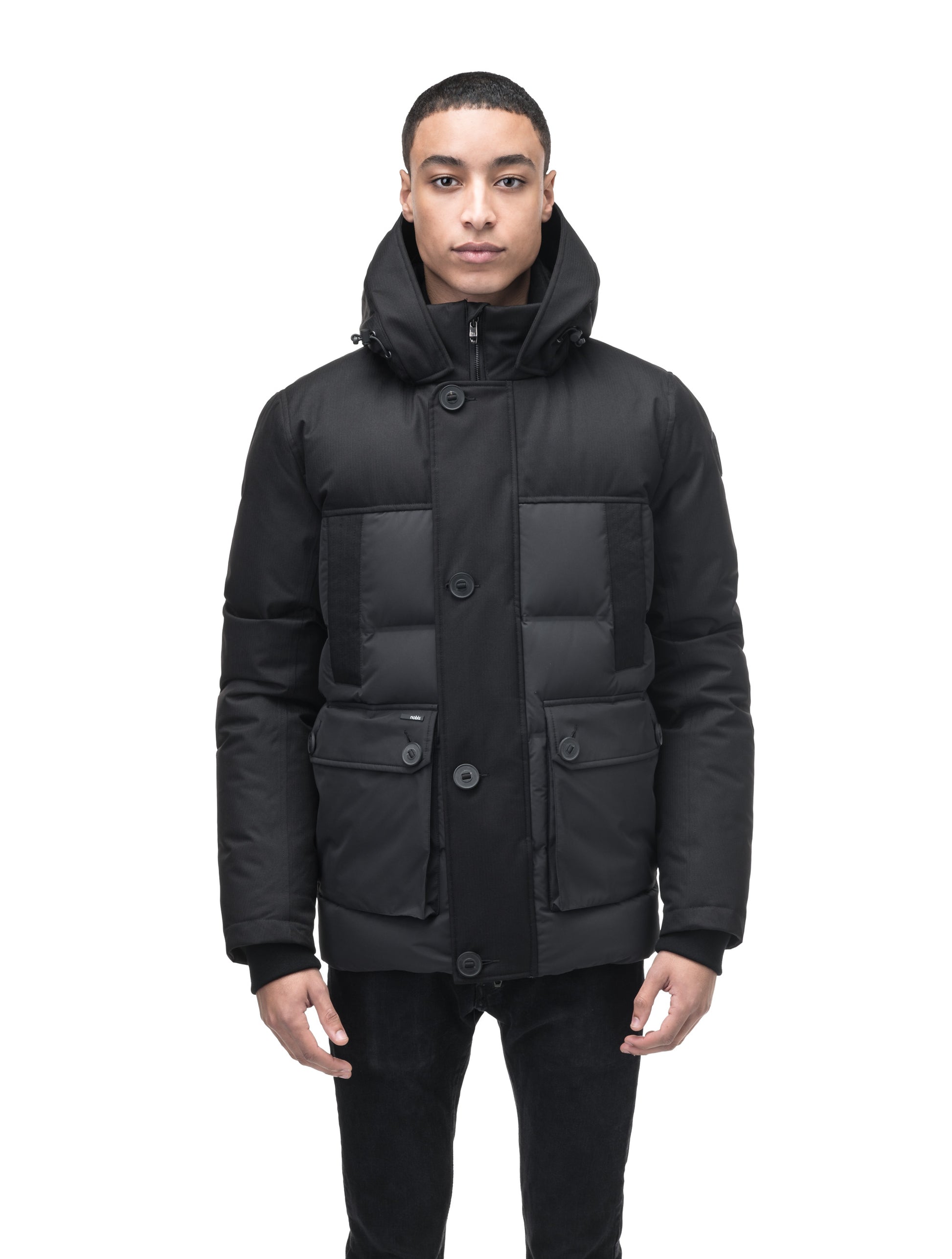 Cardinal Men's Puffer Parka in hip length, Canadian duck down insulation, removable hood, quilted body, and two-way front zipper, in Black