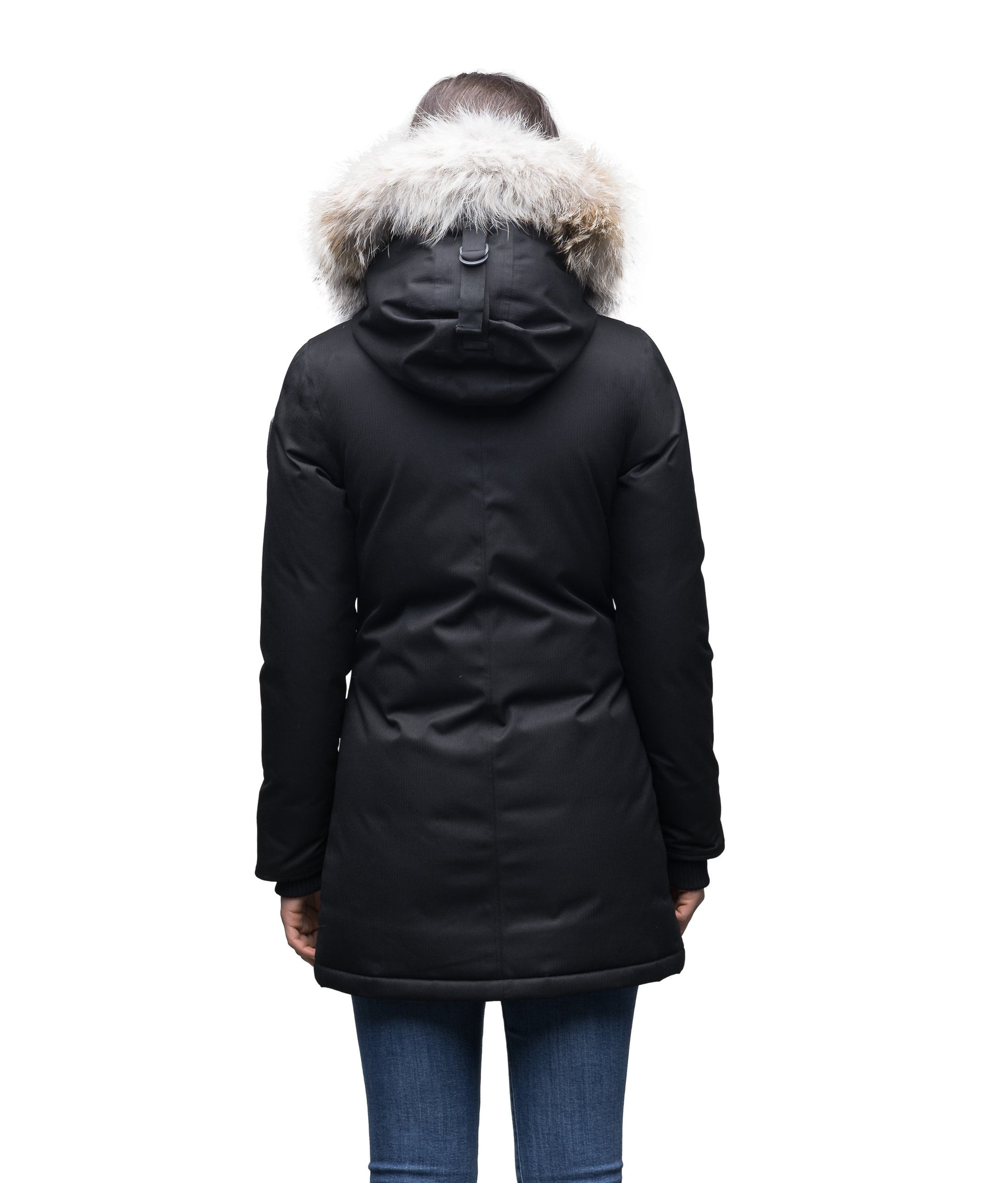 Women's down filled parka that sits just below the hip with a clean look and two hip patch pockets in CH Black