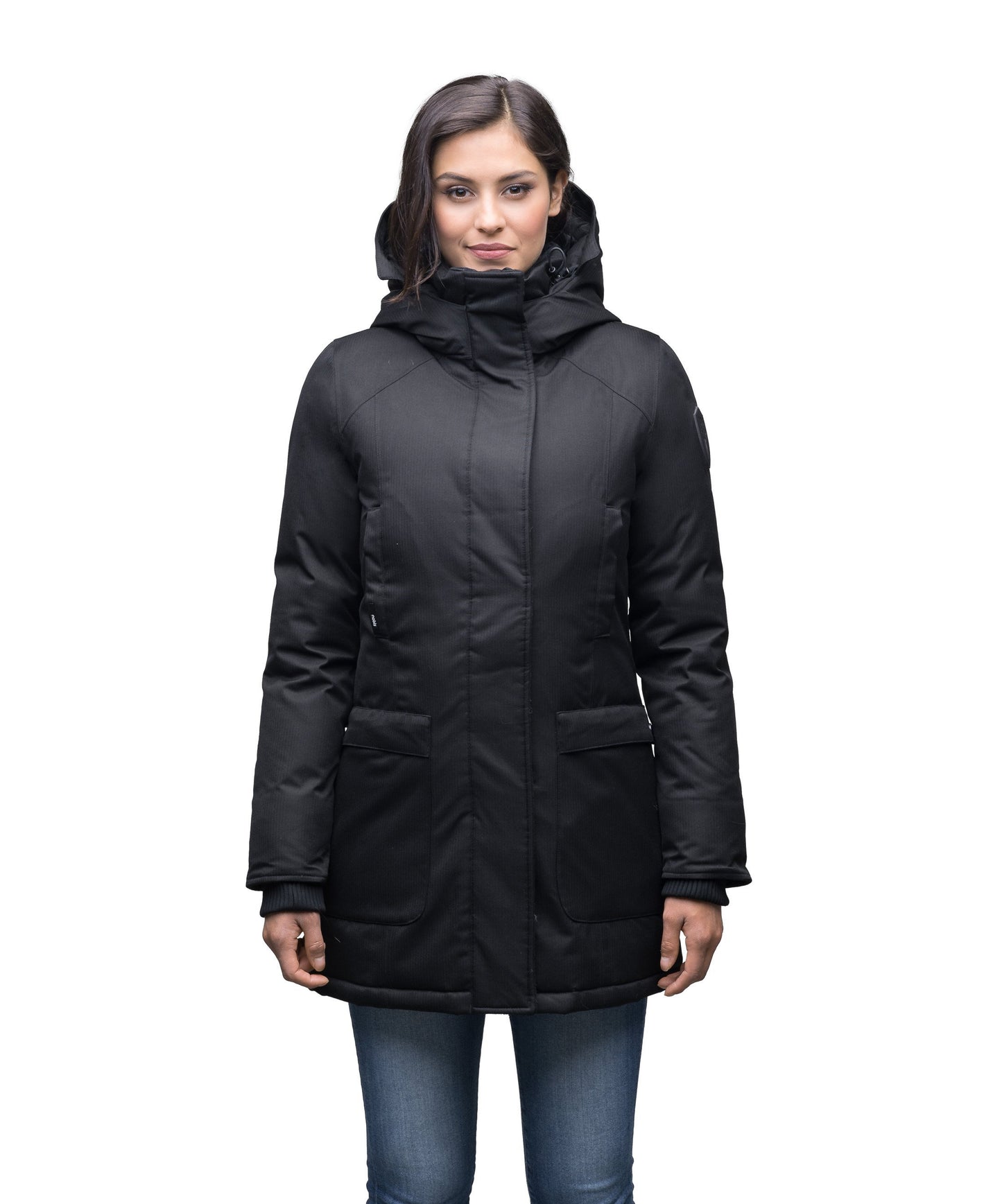 Women's down filled parka that sits just below the hip with a clean look and two hip patch pockets in CH Black