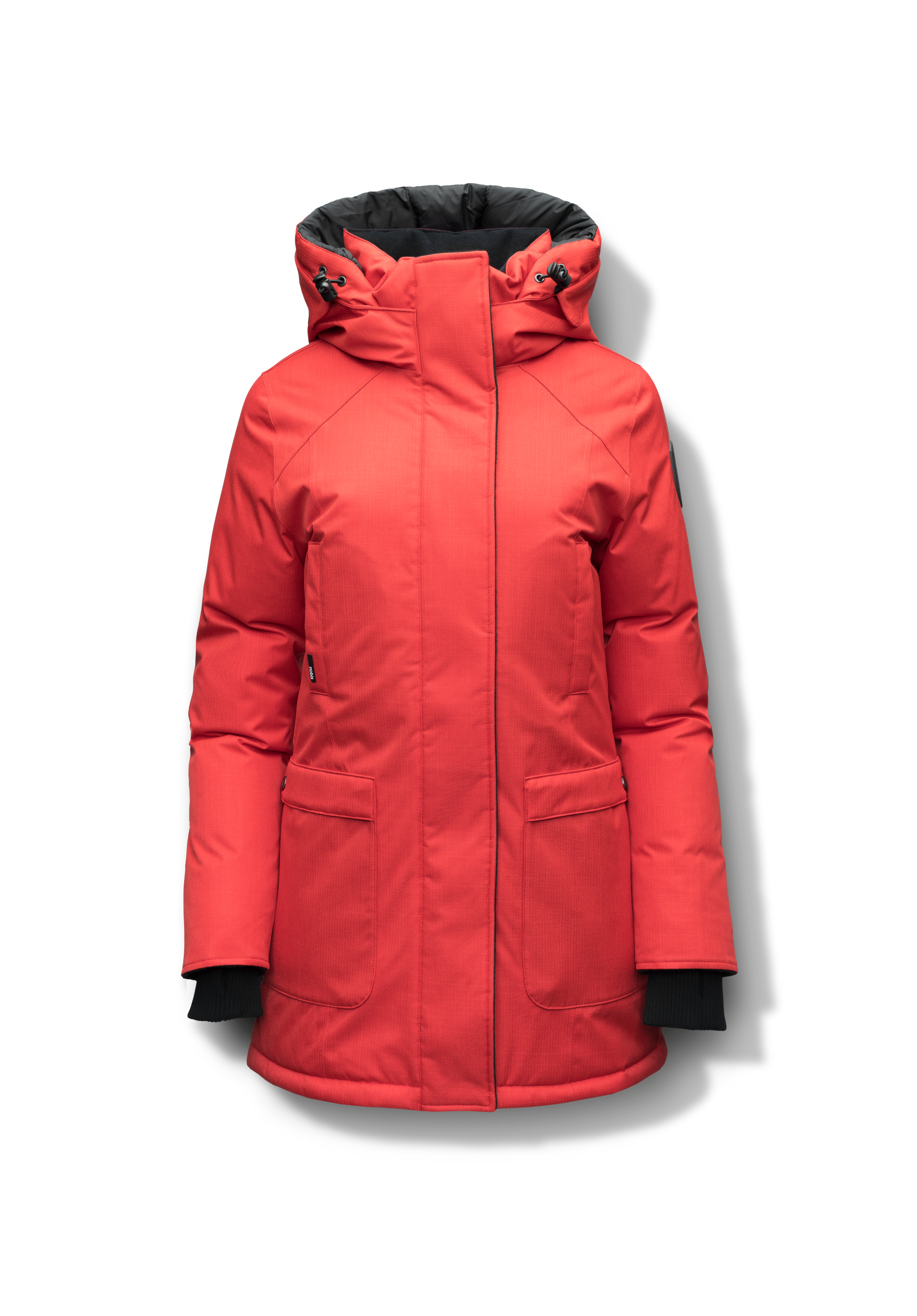 Women's down filled parka that sits just below the hip with a clean look and two hip patch pockets in BlackCarla Furless Ladies Parka in thigh length with Canadian Premium White Duck Down insulation, non-removable hood, centre-front zipper with magnetic closure wind flap, and four exterior pockets, in Vermillion