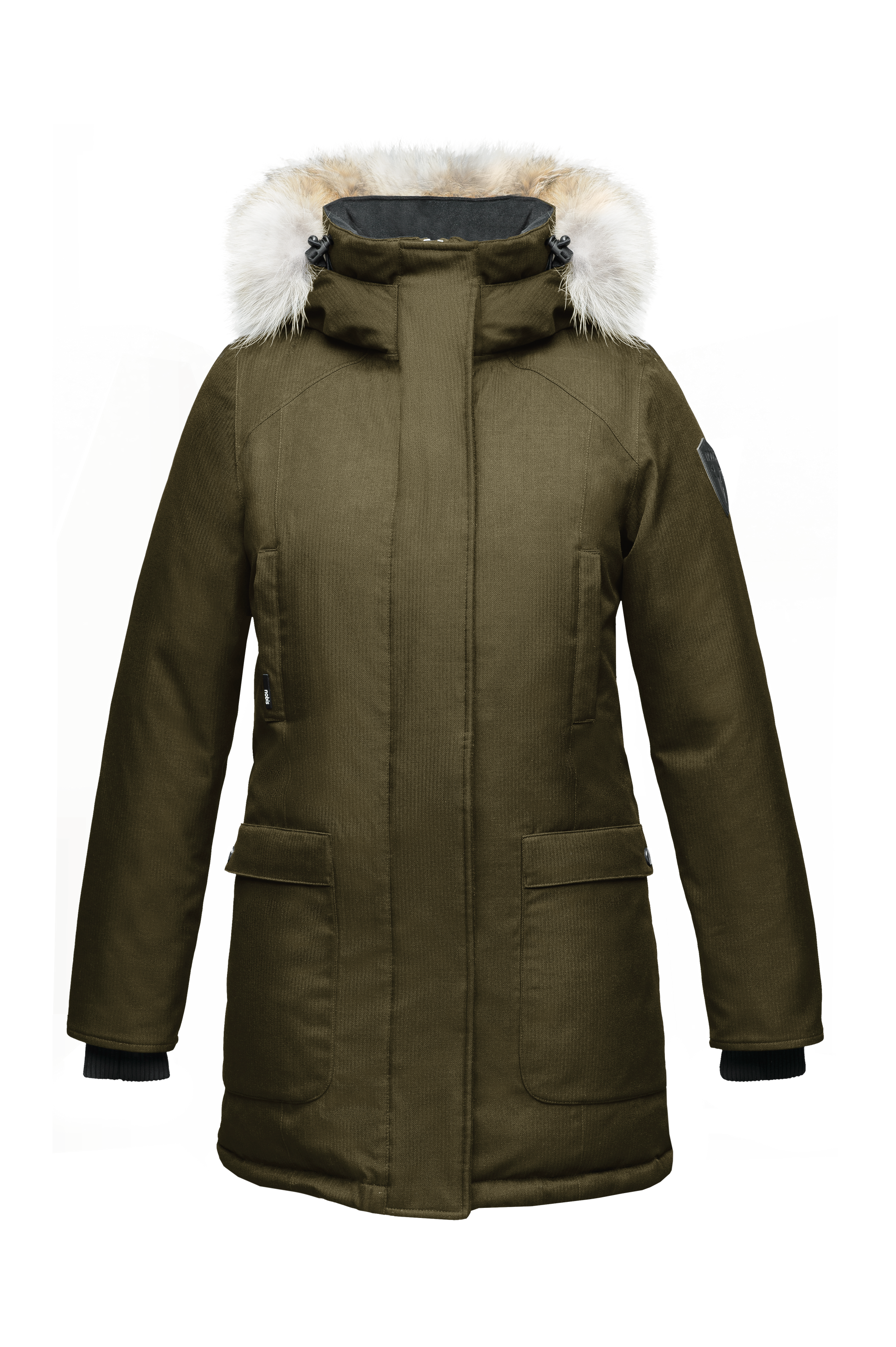 Women's down filled parka that sits just below the hip with a clean look and two hip patch pockets in CH Army Green