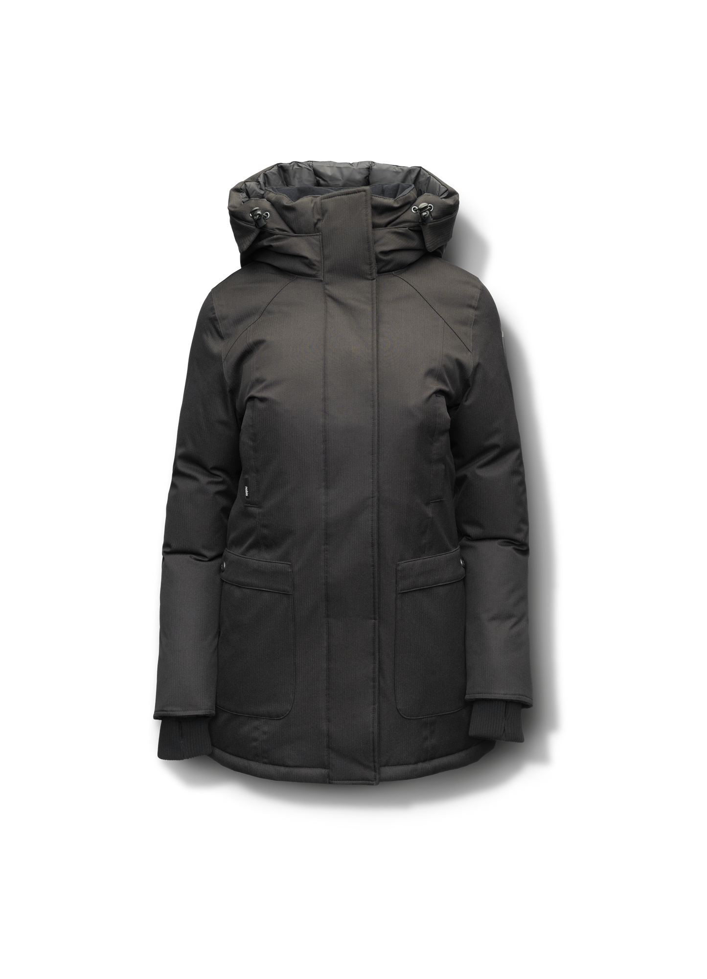 Carla Furless Ladies Parka in thigh length with Canadian Premium White Duck Down insulation, non-removable hood, centre-front zipper with magnetic closure wind flap, and four exterior pockets, in Black