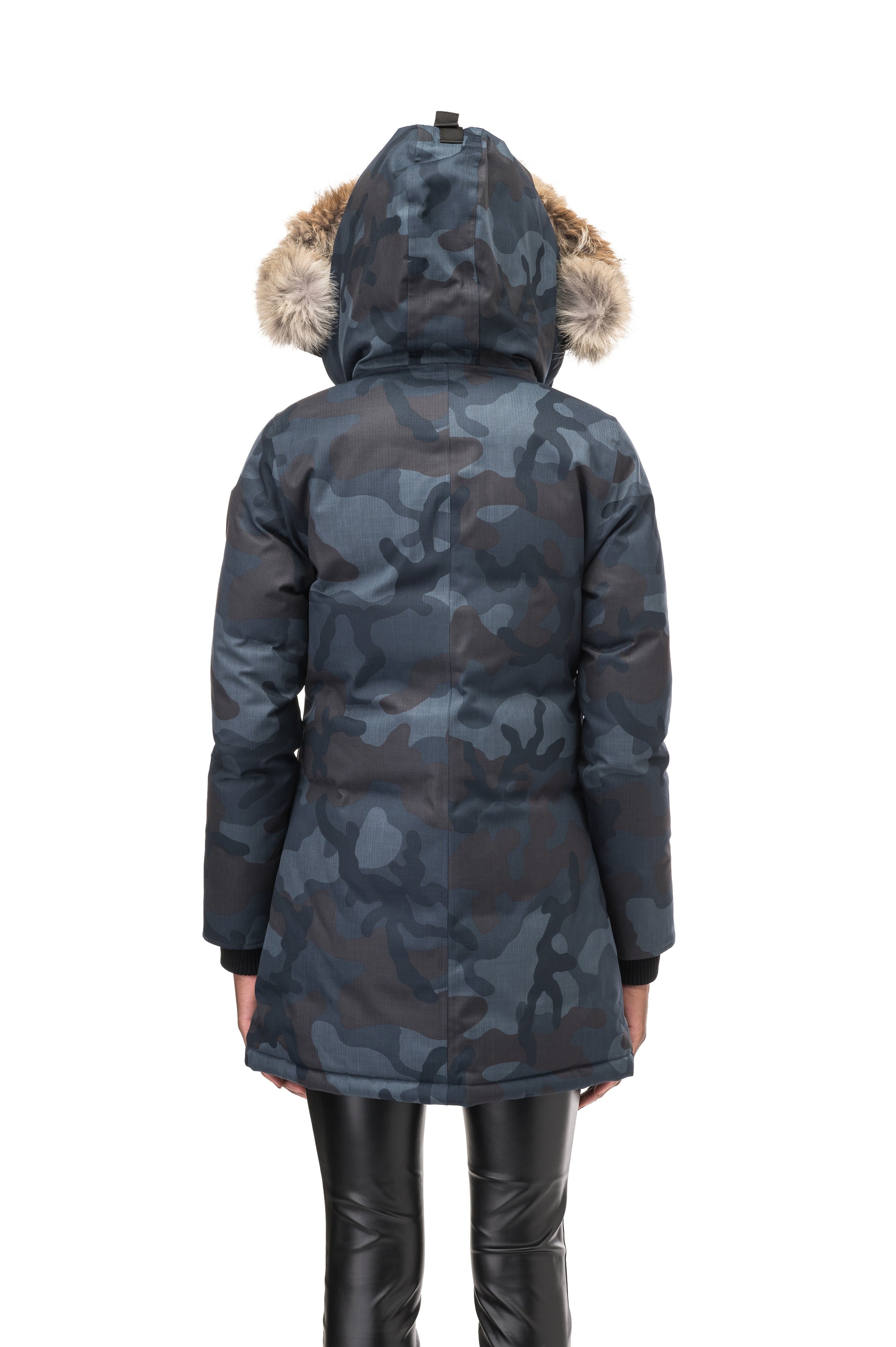 Women's down filled parka that sits just below the hip with a clean look and two hip patch pockets in Navy Camo