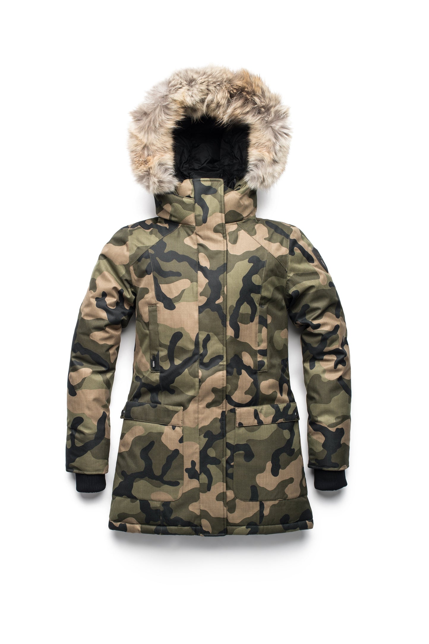 Women's down filled parka that sits just below the hip with a clean look and two hip patch pockets in CH Camo