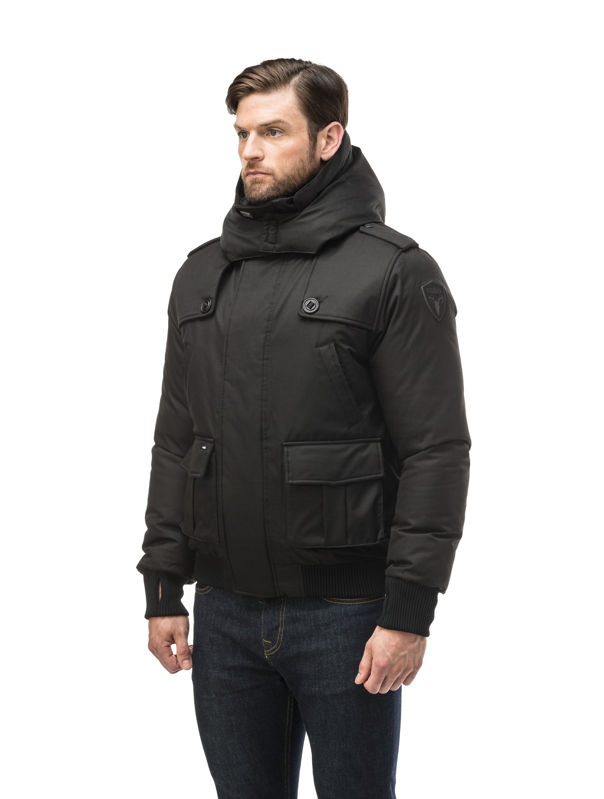 Men's down filled bomber that sits just above the hips with a completely removable hood that's windproof, waterproof, and breathable in CH Black