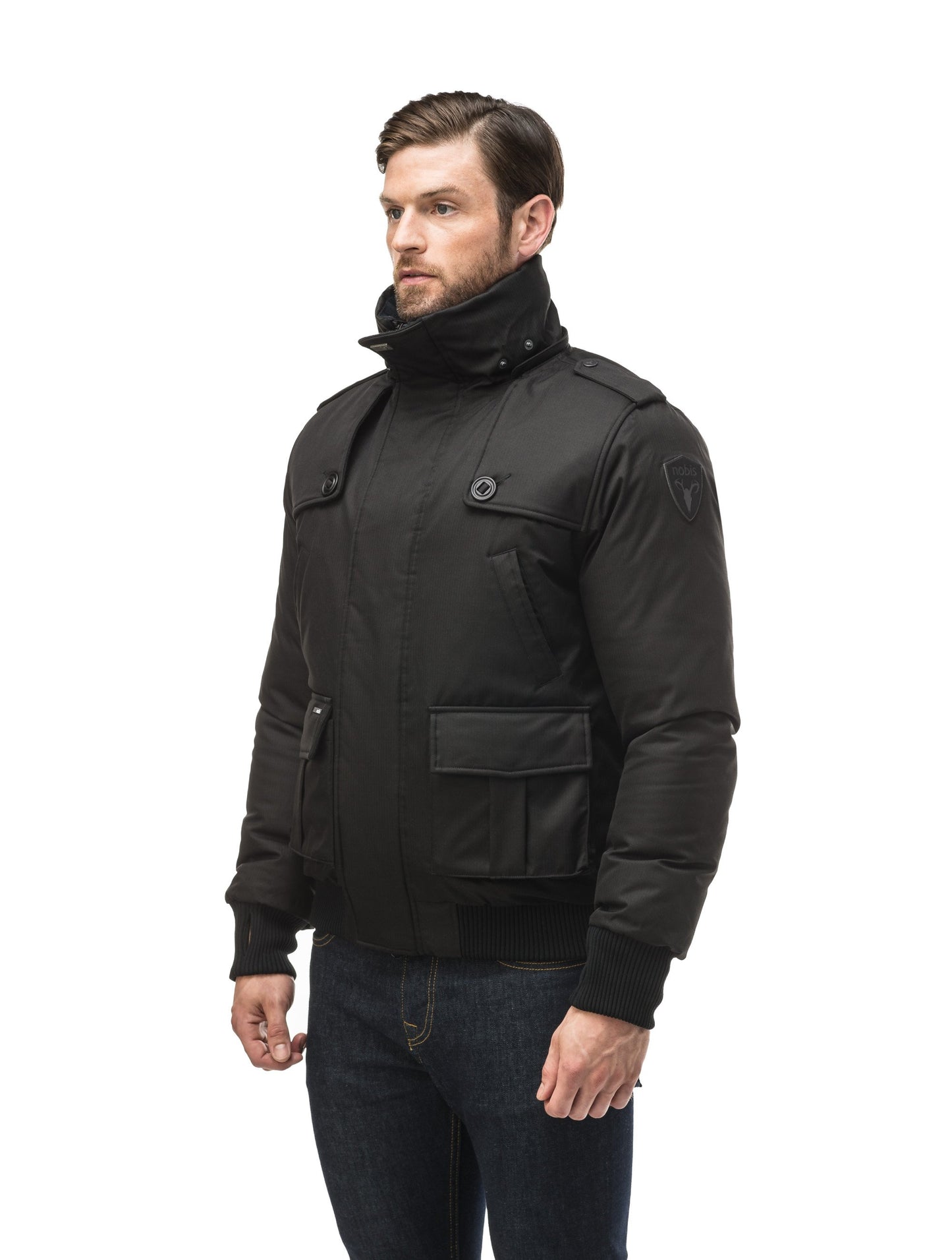 Men's down filled bomber that sits just above the hips with a completely removable hood that's windproof, waterproof, and breathable in CH Black