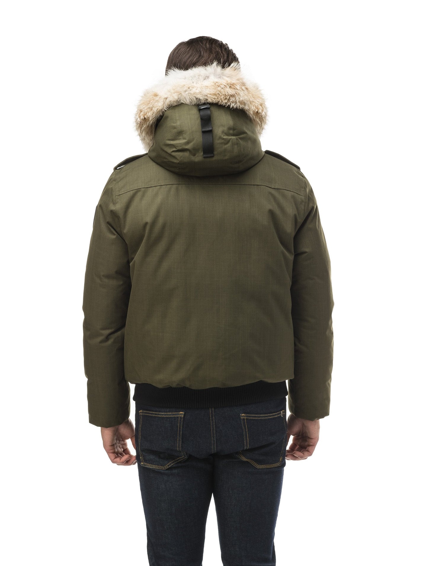 Men's down filled bomber that sits just above the hips with a completely removable hood that's windproof, waterproof, and breathable in CH Fatigue