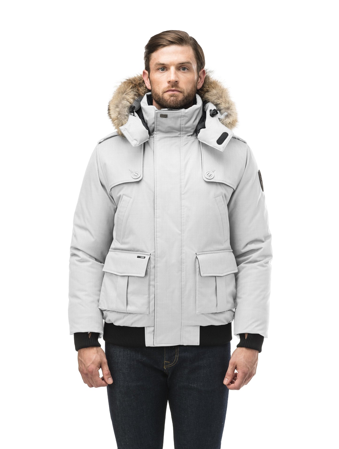 Men's down filled bomber that sits just above the hips with a completely removable hood that's windproof, waterproof, and breathable in CH Light Grey