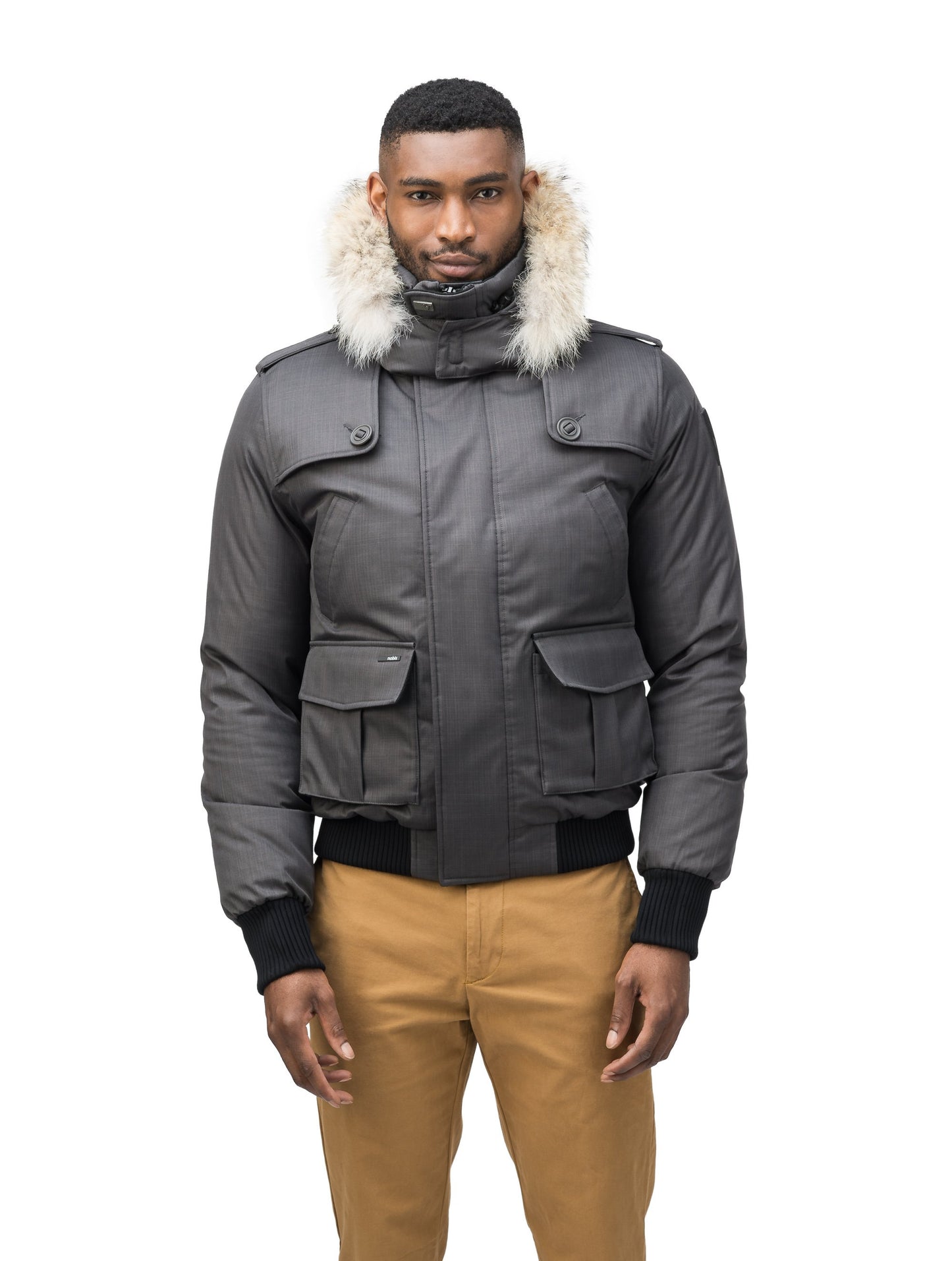 Men's down filled bomber that sits just above the hips with a completely removable hood that's windproof, waterproof, and breathable in CH Steel Grey