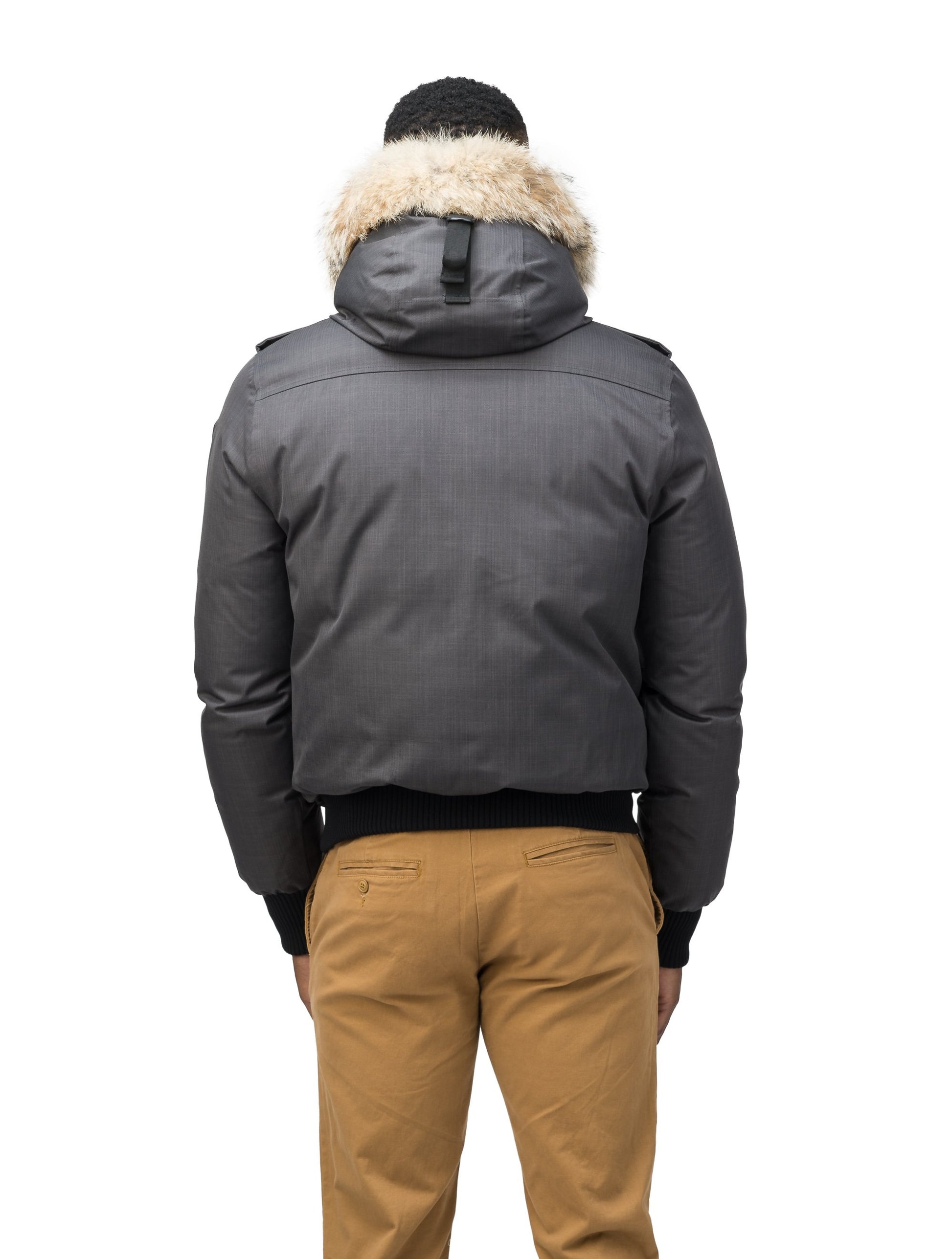 Men's down filled bomber that sits just above the hips with a completely removable hood that's windproof, waterproof, and breathable in CH Steel Grey