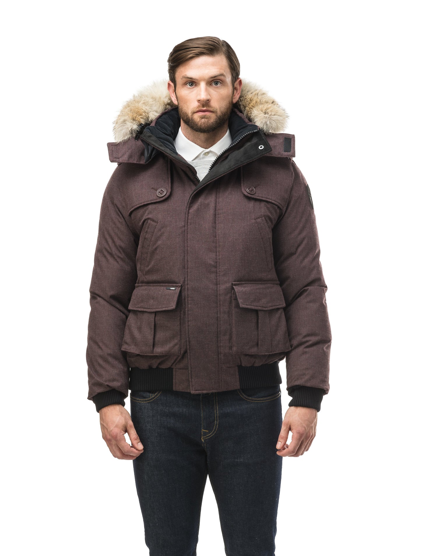 Men's down filled bomber that sits just above the hips with a completely removable hood that's windproof, waterproof, and breathable in H. Burgundy