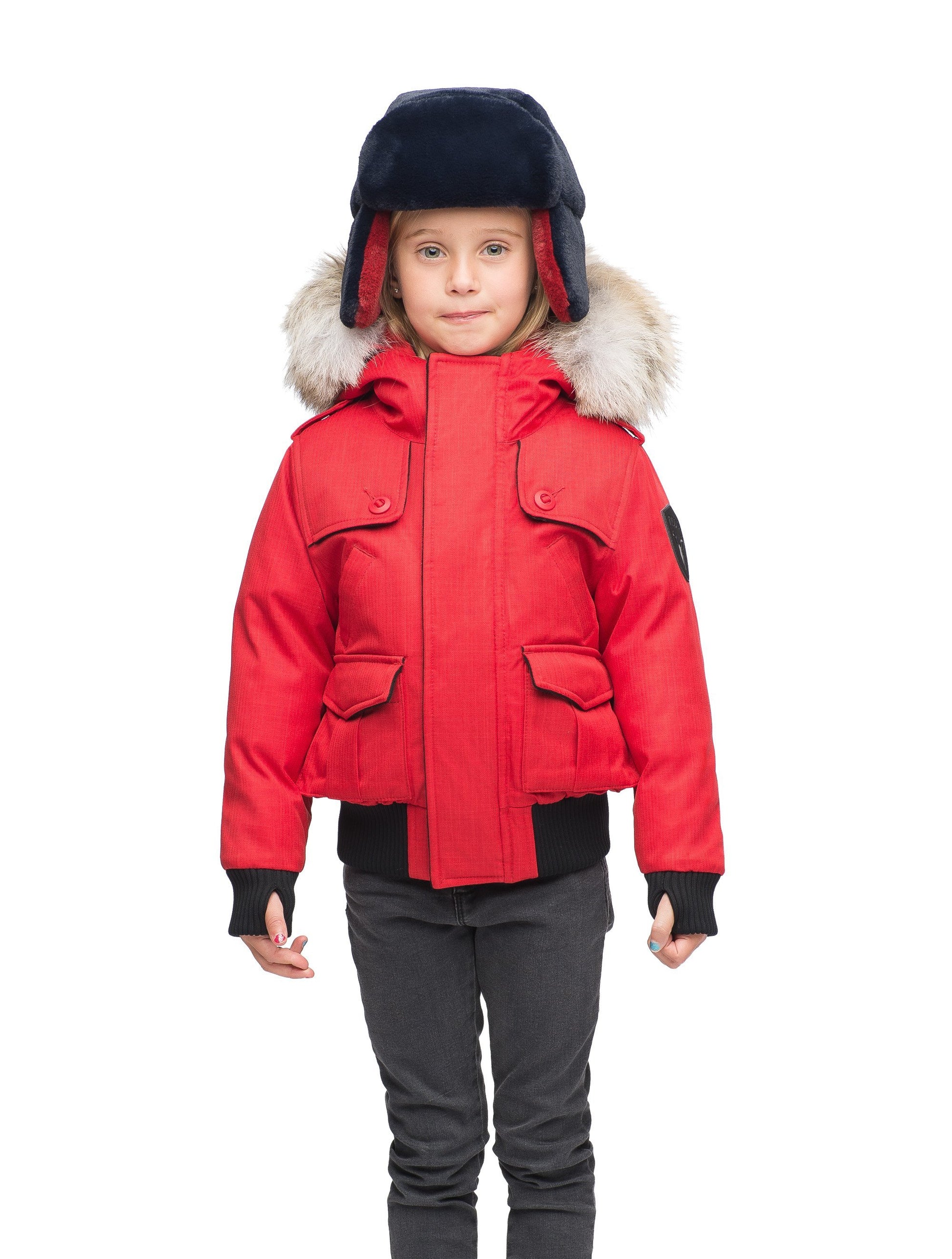 Kid's waist length down bomber jacket with fur trim hood in CH Red