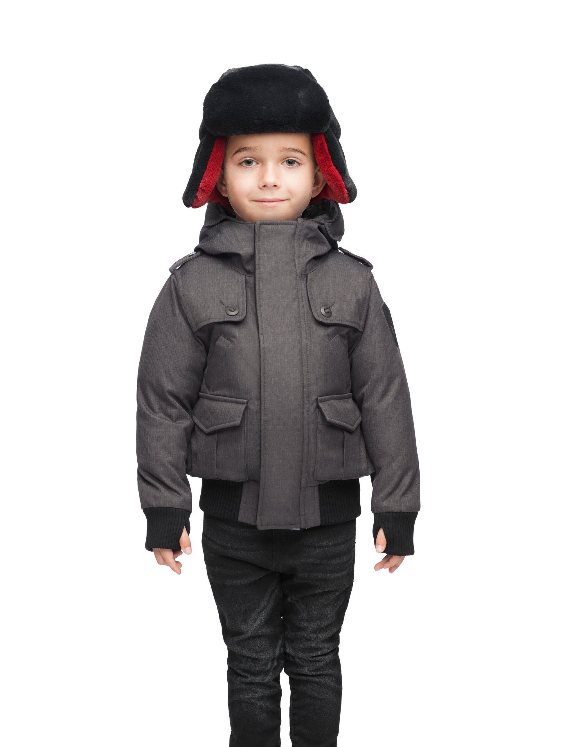 Kid's waist length down bomber jacket with fur trim hood in CH Steel Grey