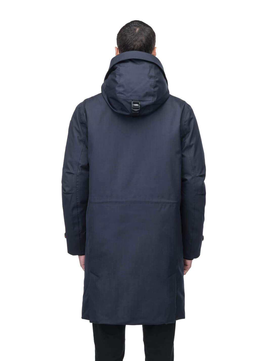 Citizen Men's Tailored Parka in knee length, Canadian duck down insulation, non-removable hood, and two-way zipper, in Navy