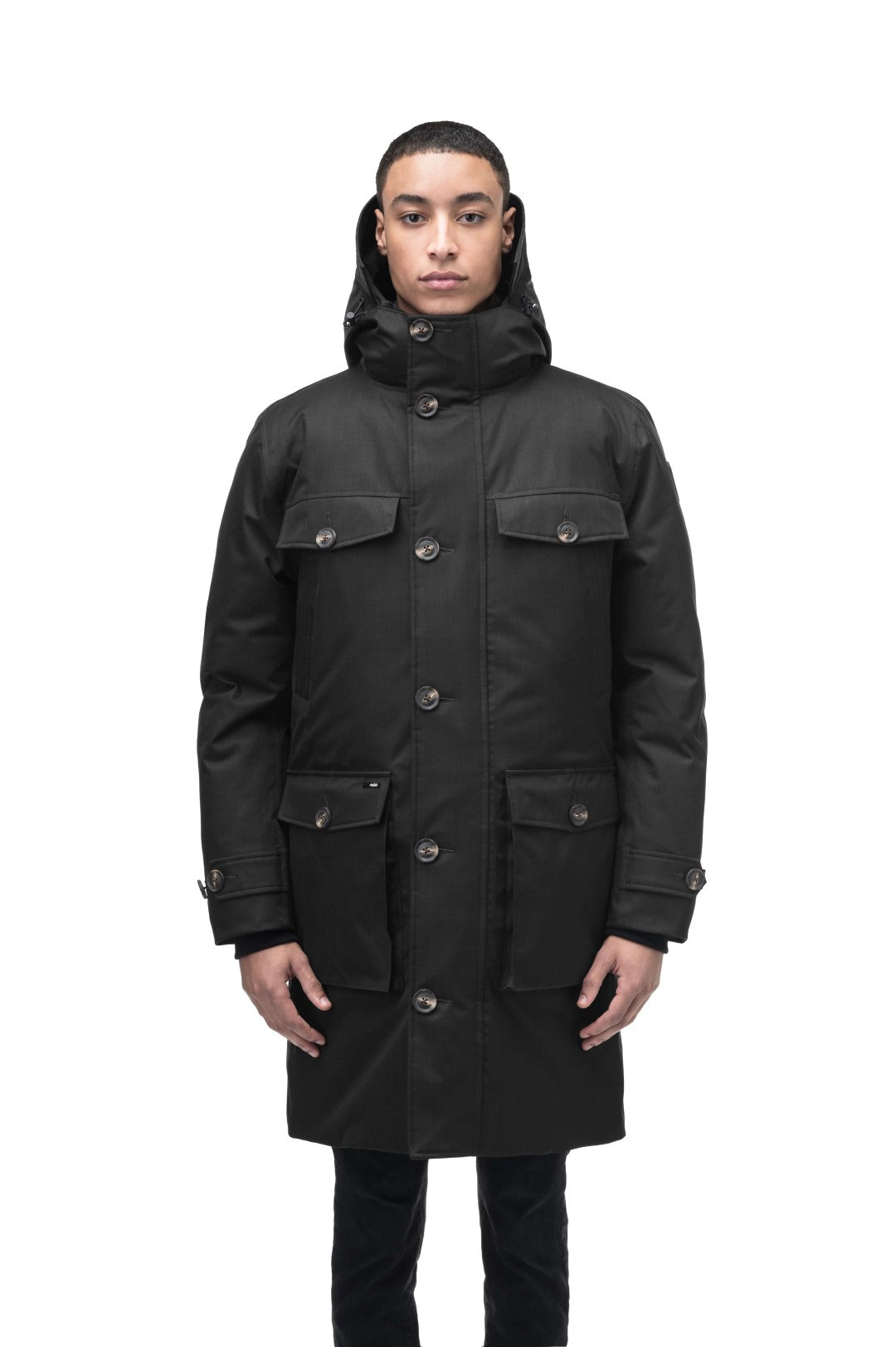 Citizen Men's Tailored Parka in knee length, Canadian duck down insulation, non-removable hood, and two-way zipper, in Black