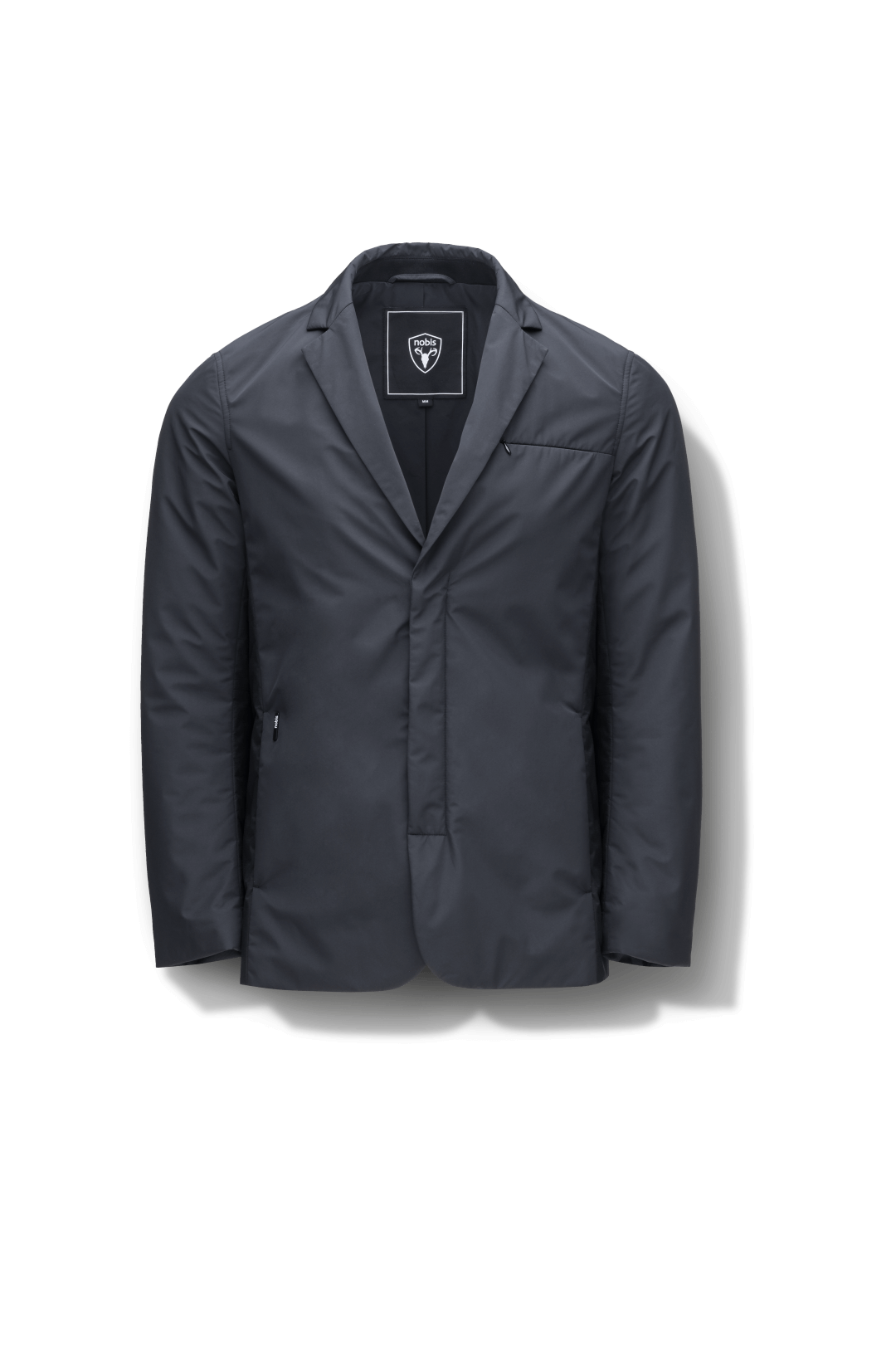 Cody Men's Tailored Travel Blazer in 3-ply micro denier and stretch nylon fabrication with DWR coating, Primaloft Gold Insulation Active+, hidden two-way zipper at centre front with snap closure placket, three invisible exterior zipper pockets, double back pleats, and hidden snap placket at cuffs, in Black