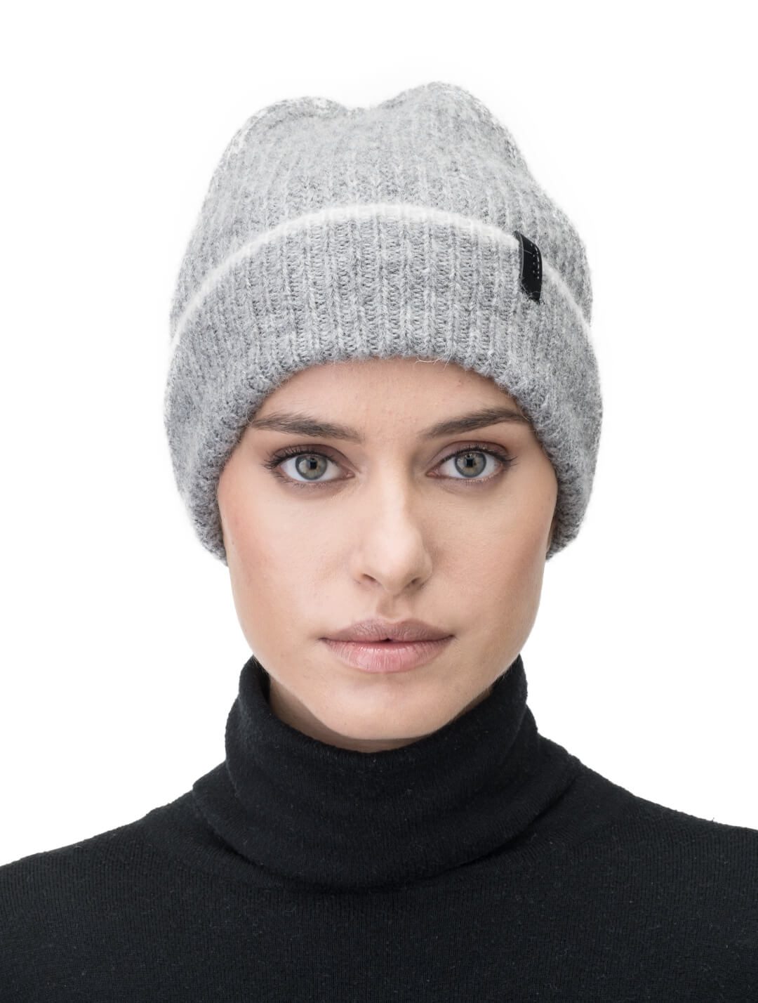 Dain Unisex Knit Watch Cap in superfine alpaca and merino wool, contrast colour knit along cuff, and Nobis embossed leather label at the cuff, in Grey Melange