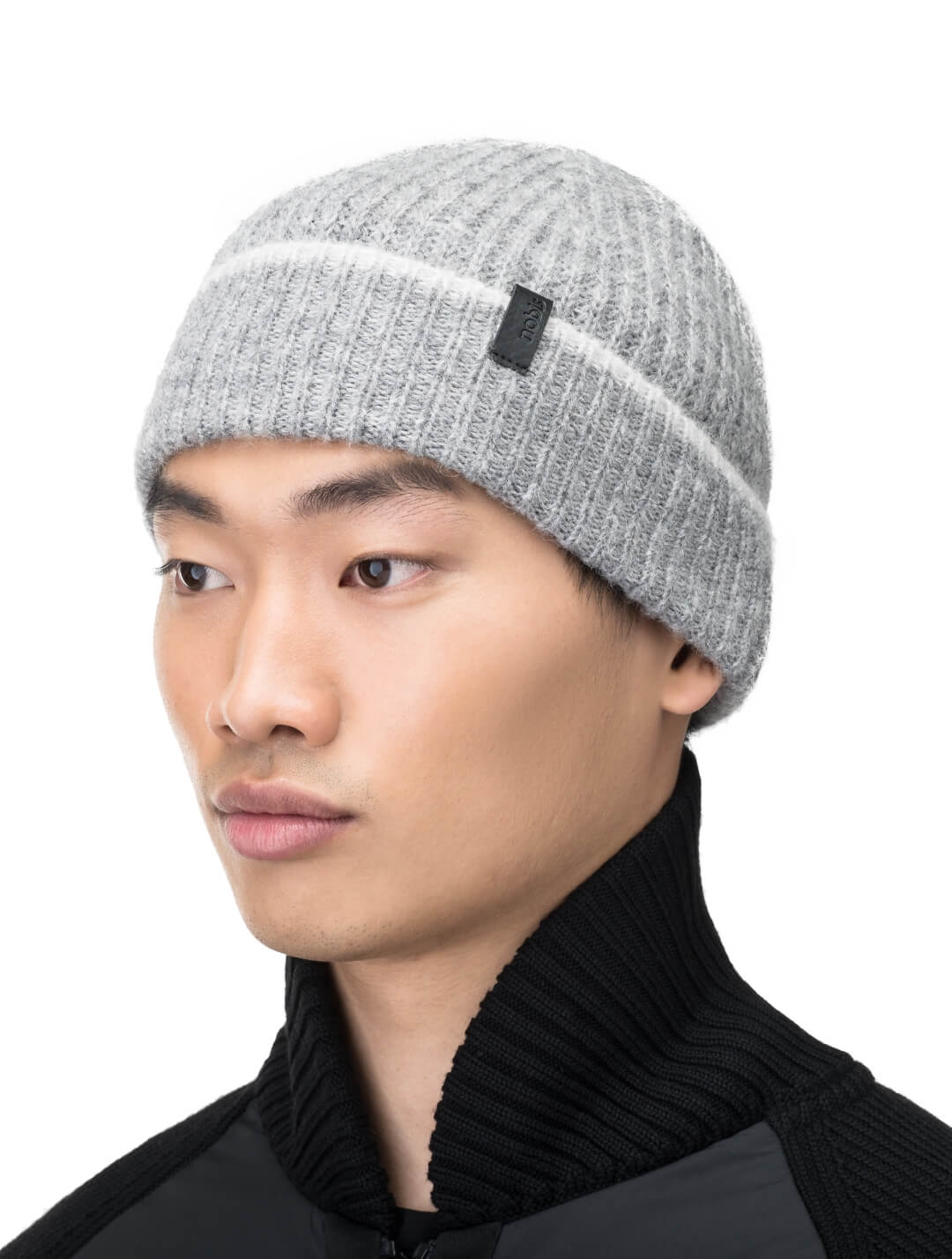 Dain Unisex Knit Watch Cap in superfine alpaca and merino wool, contrast colour knit along cuff, and Nobis embossed leather label at the cuff, in Grey Melange