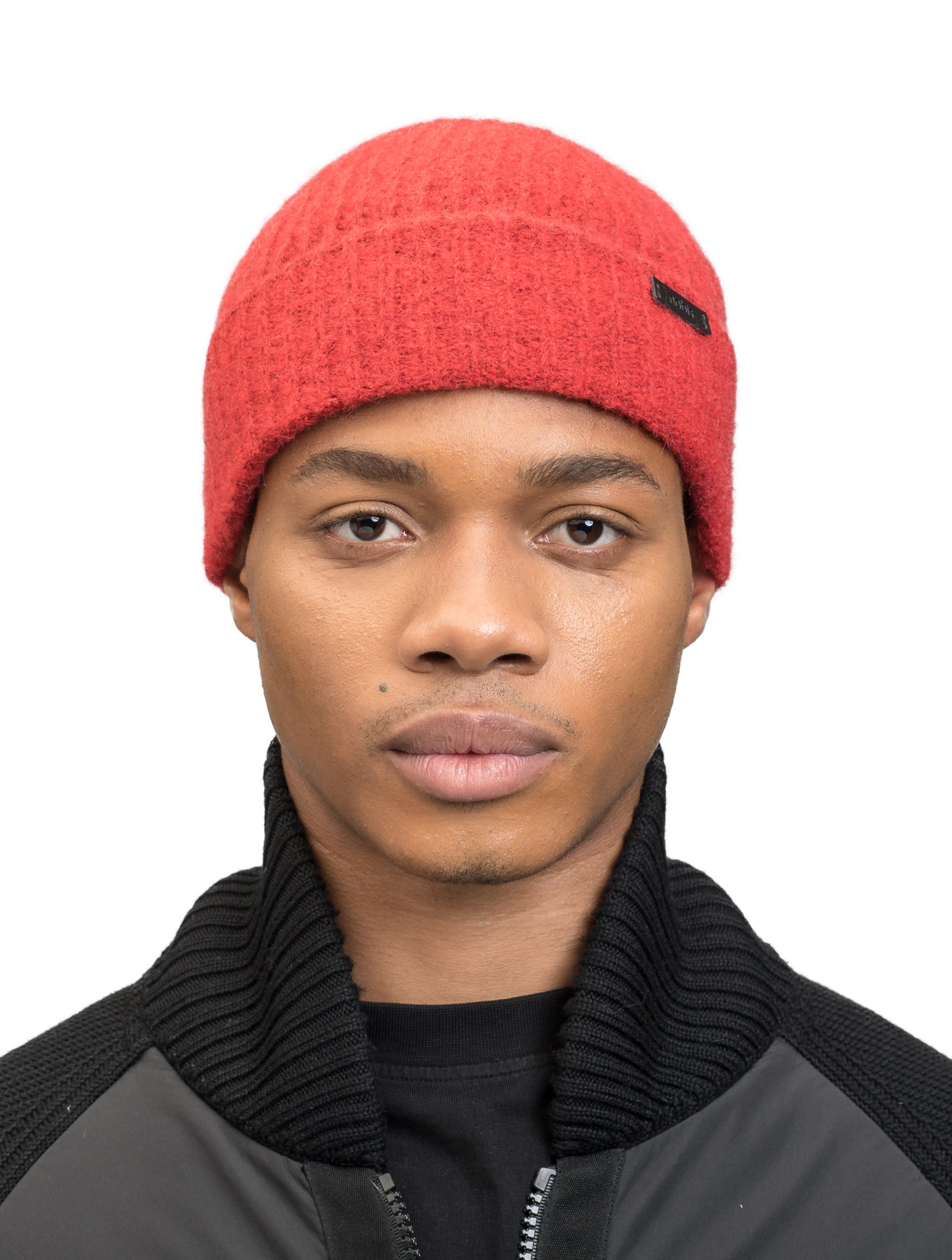 Dain Unisex Knit Watch Cap in superfine alpaca and merino wool, contrast colour knit along cuff, and Nobis embossed leather label at the cuff, in Vermillion