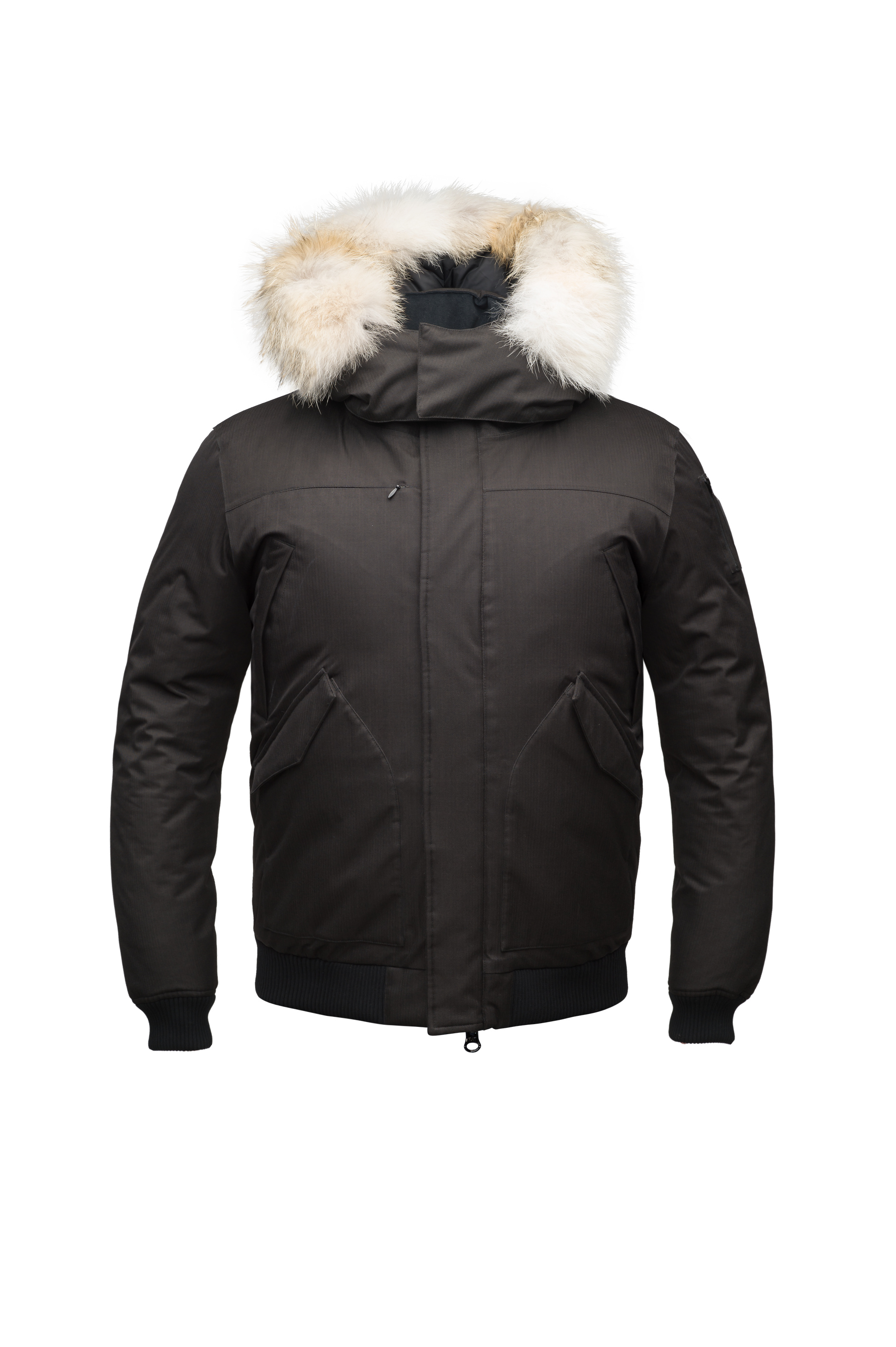 Men's classic down filled bomber jacket with a down filledÃ‚Â hood that features a removable coyote fur trim and concealed moldable framing wire in Black