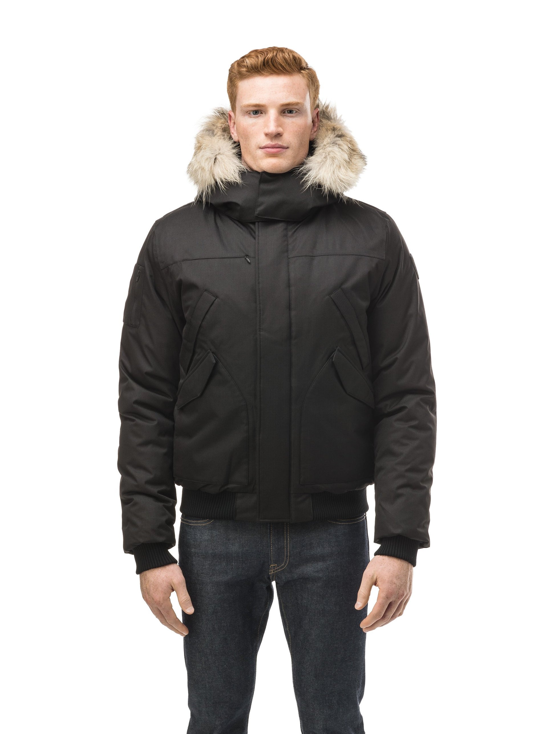 Men's classic down filled bomber jacket with a down filledÃƒâ€šÃ‚Â hood that features a removable coyote fur trim and concealed moldable framing wire in Black