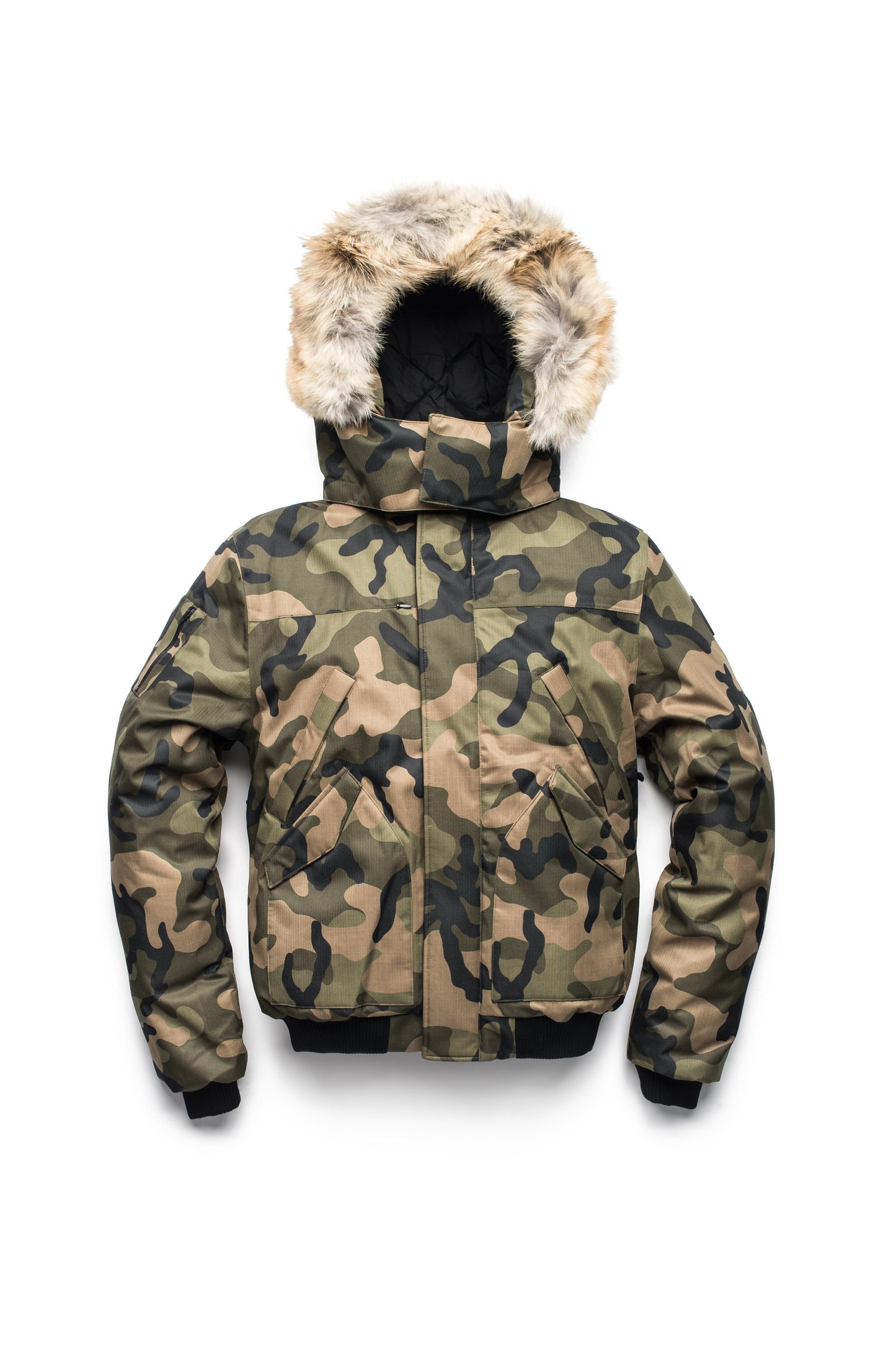 Men's classic down filled bomber jacket with a down filledÃ‚Â hood that features a removable coyote fur trim and concealed moldable framing wire in Camo