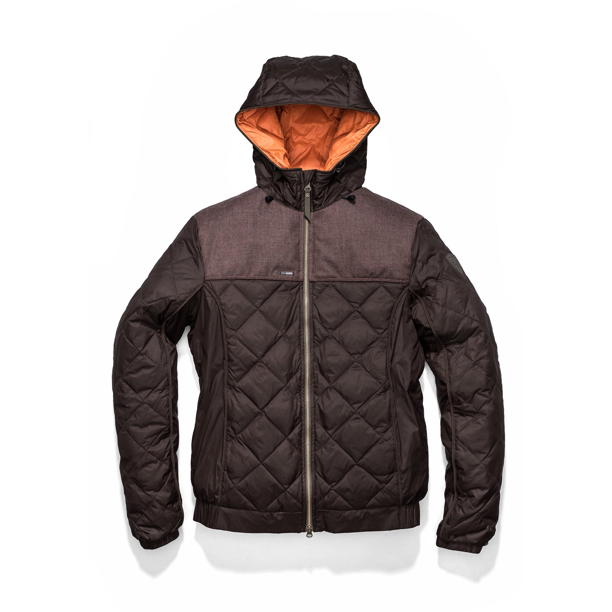 Men's lightweight quilted down hoodie in Dk Brown/H Burgundy