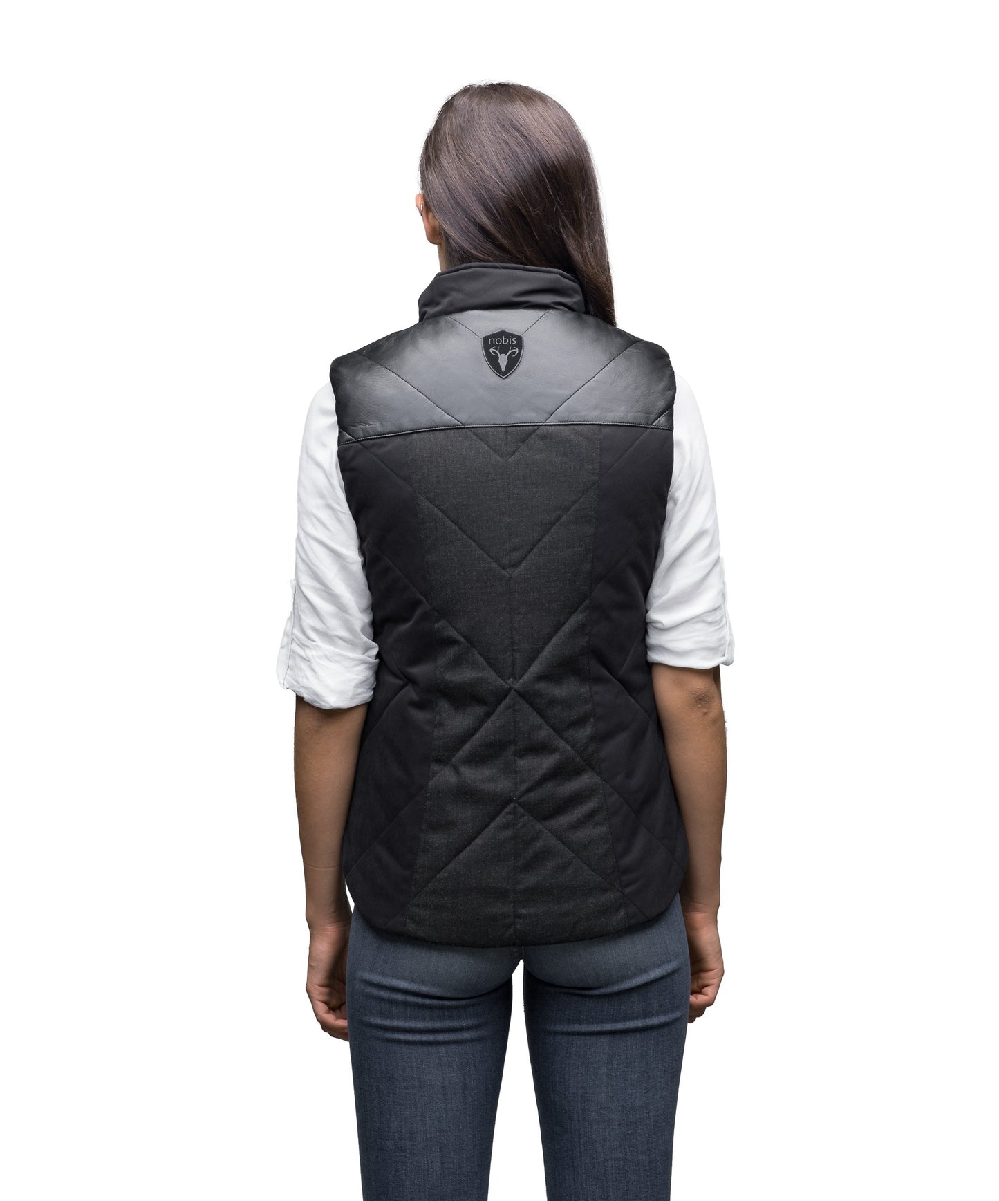 Women's down filled vest that features a 925 Sterling Silver Nobis Skull in Black