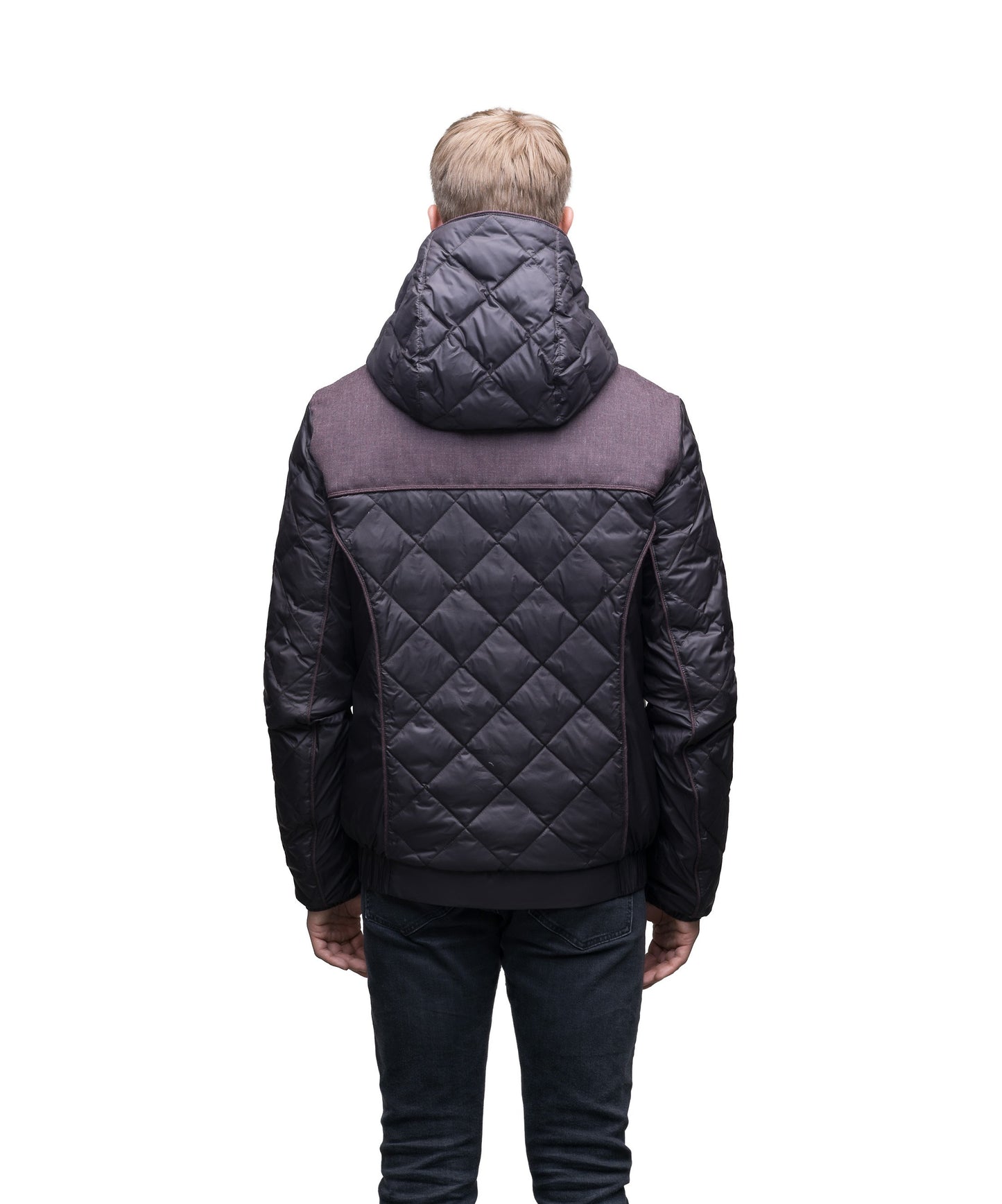 Men's lightweight quilted down hoodie in Dk Brown/H Burgundy