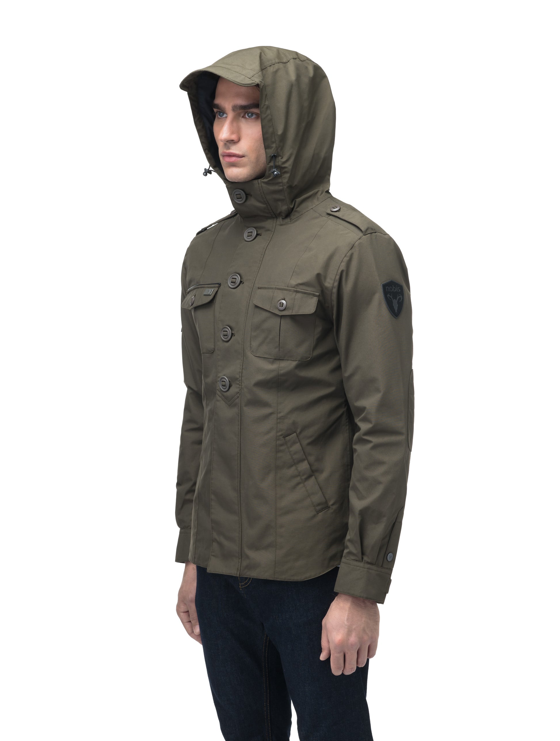 Men's hooded shirt jacket with patch chest pockets in Fatigue