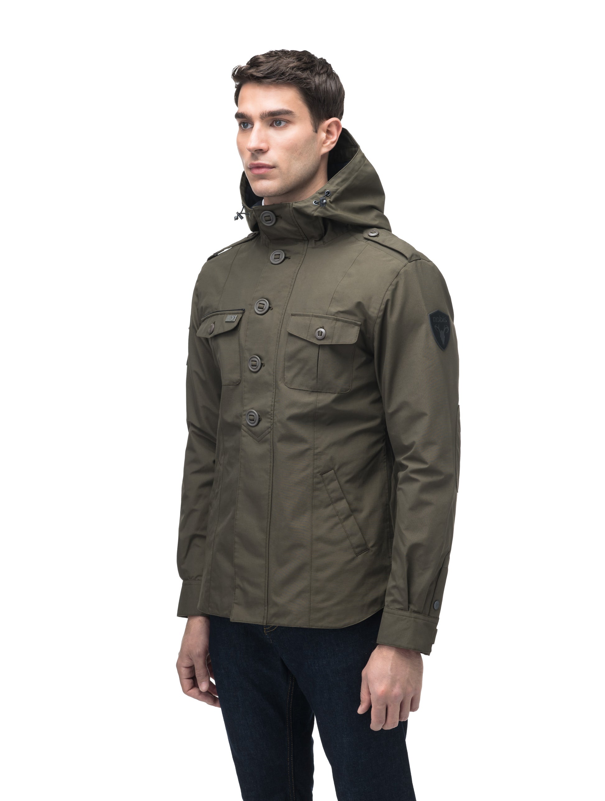 Men's hooded shirt jacket with patch chest pockets in Fatigue