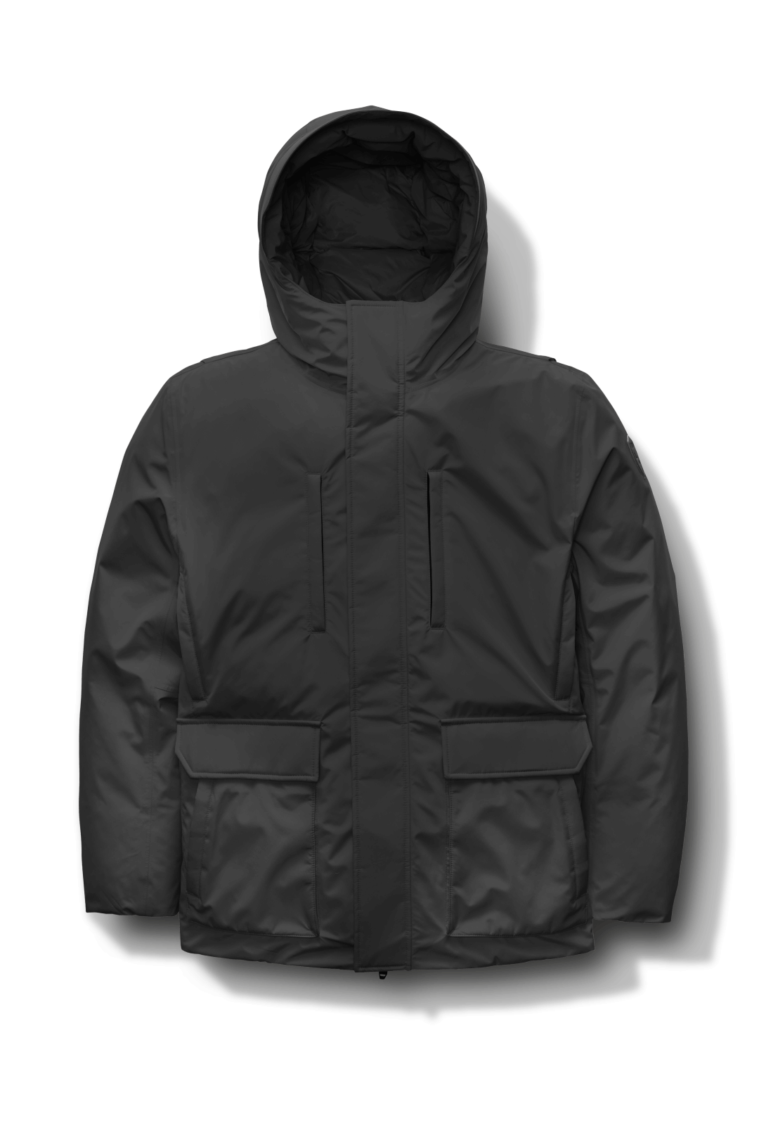 Geo Men's Short Parka in hip length, Canadian duck down insulation, non-removable hood, and two-way zipper, in Black