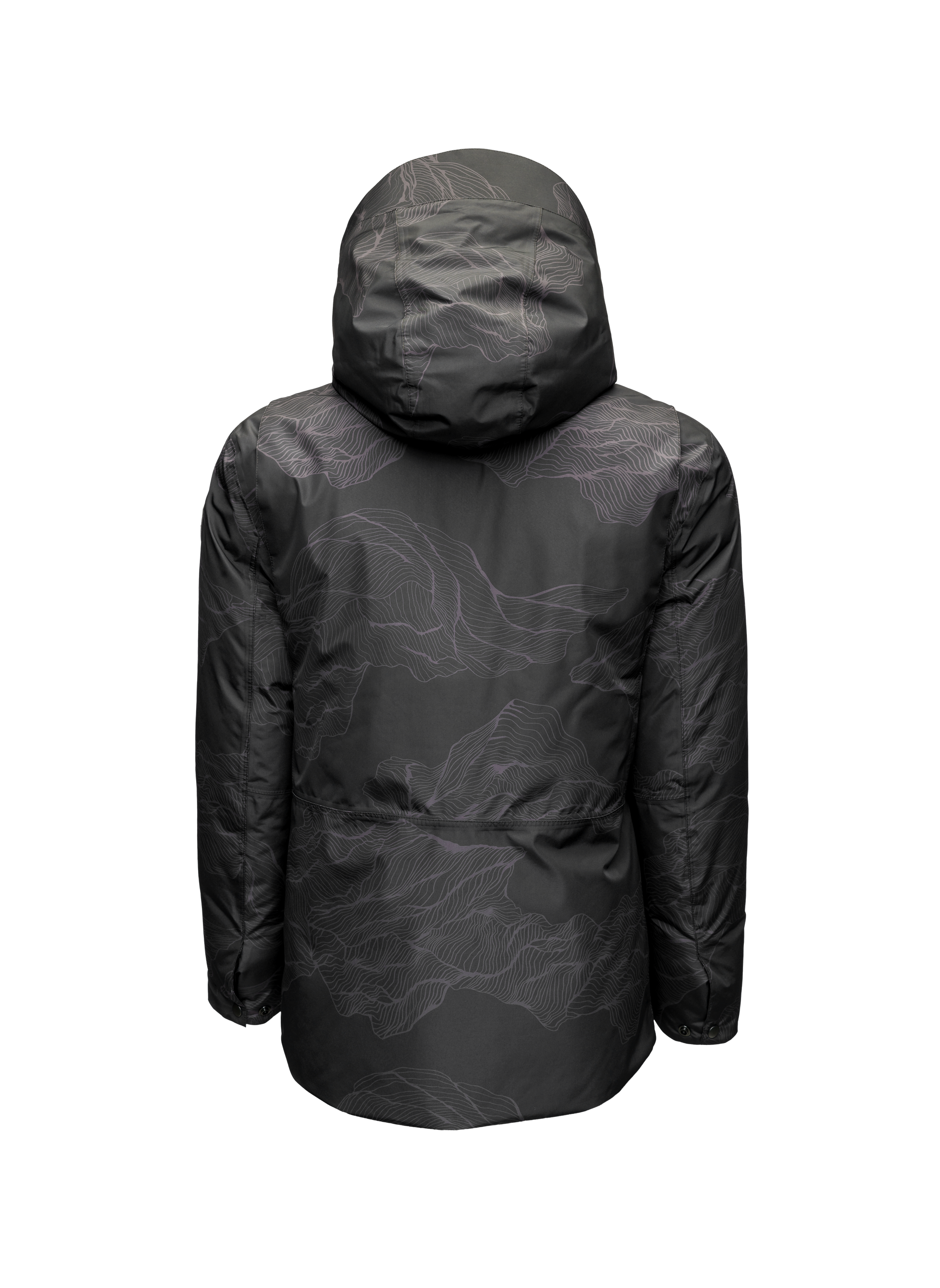 Geo Men's Short Parka in hip length, Canadian duck down insulation, non-removable hood, and two-way zipper, in Dark Desert