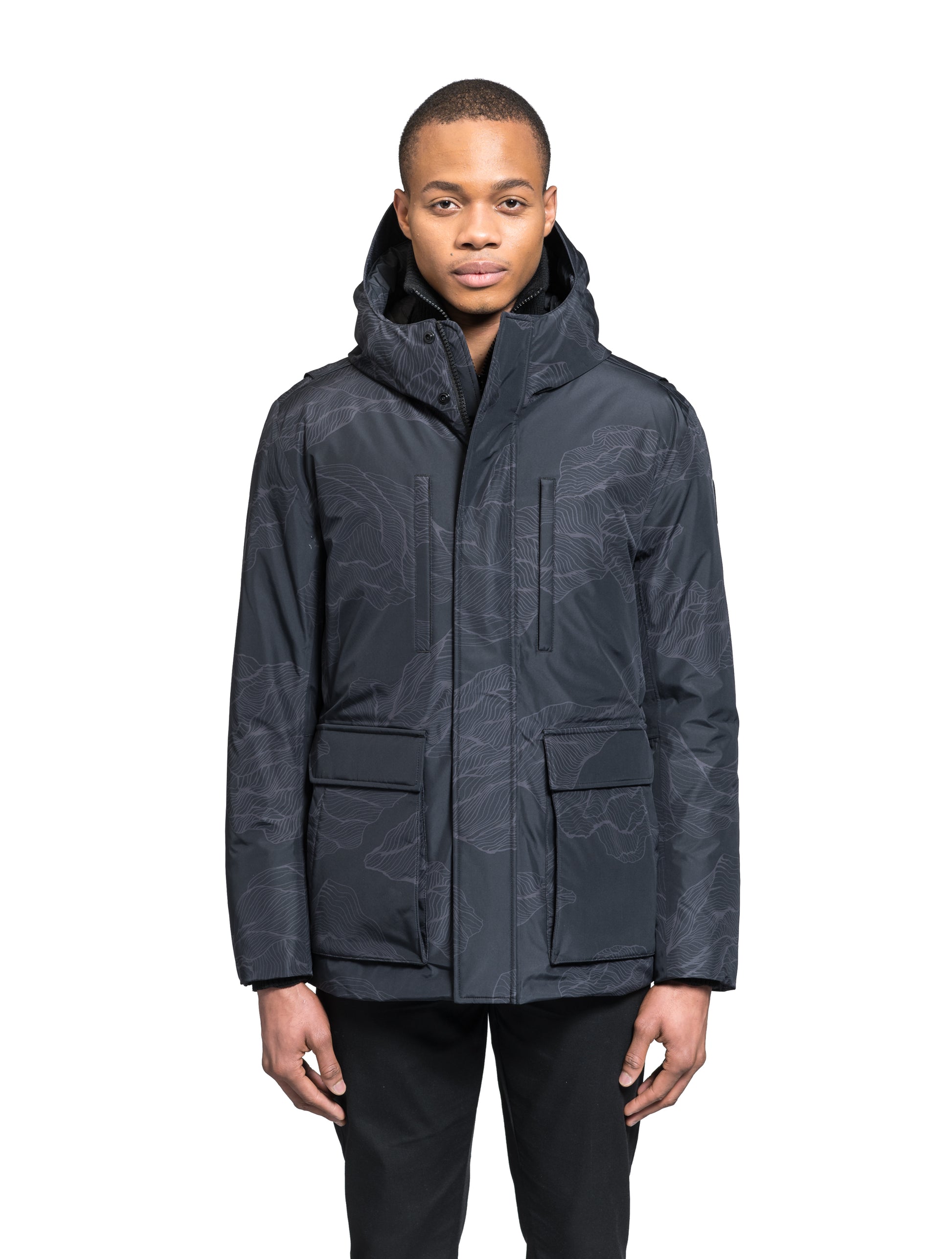 Geo Men's Short Parka in hip length, Canadian duck down insulation, non-removable hood, and two-way zipper, in Dark Desert