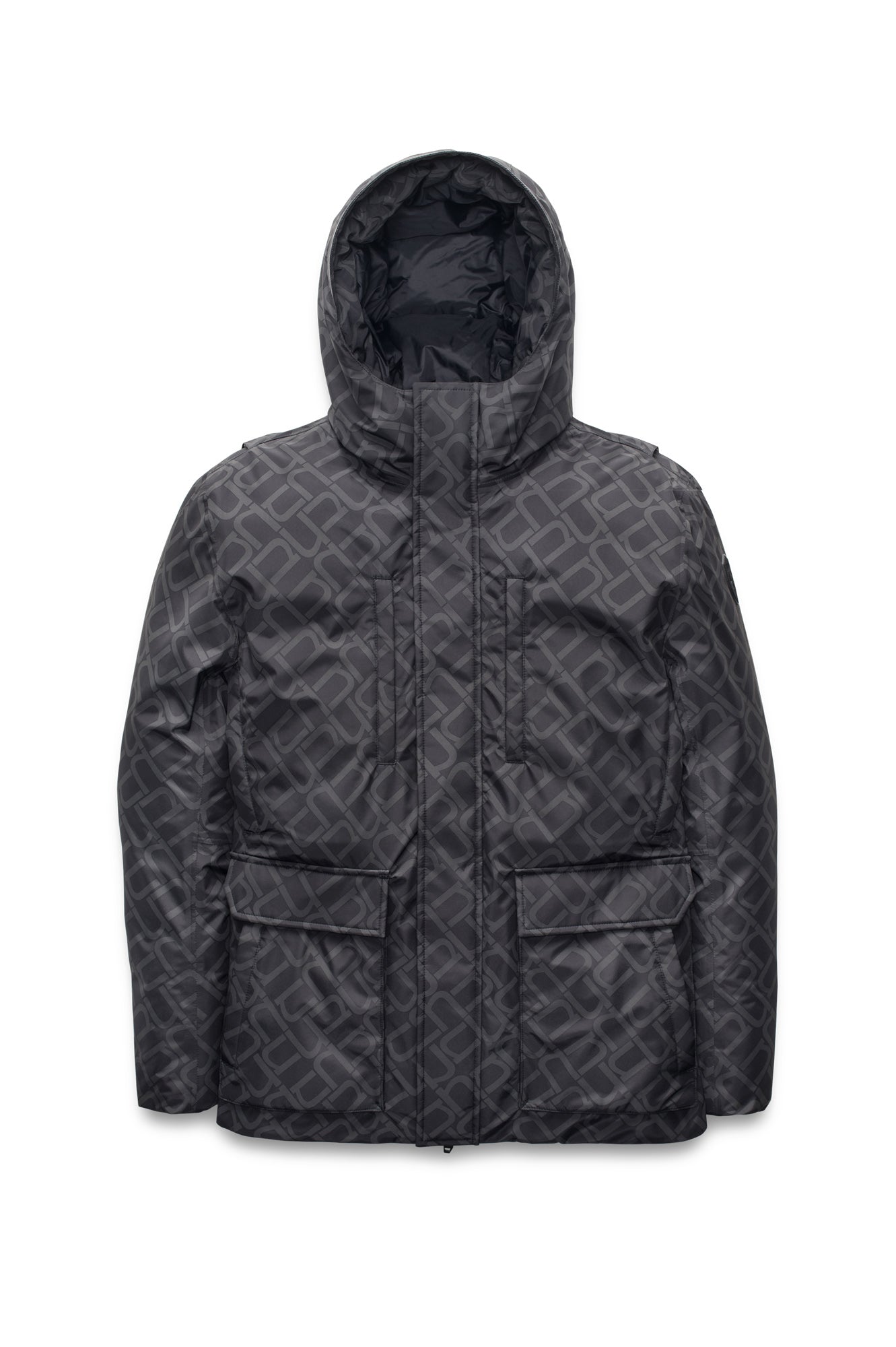 Geo Men's Short Parka in hip length, Canadian duck down insulation, non-removable hood, and two-way zipper, in Dark Monogram