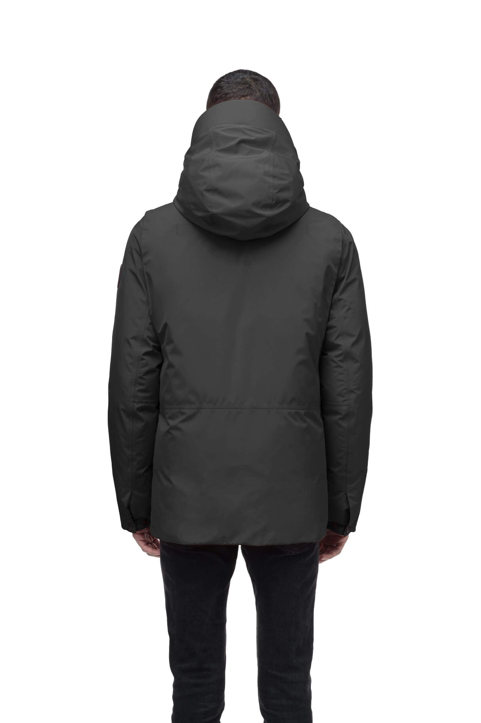 Geo Men's Short Parka in hip length, Canadian duck down insulation, non-removable hood, and two-way zipper, in Black