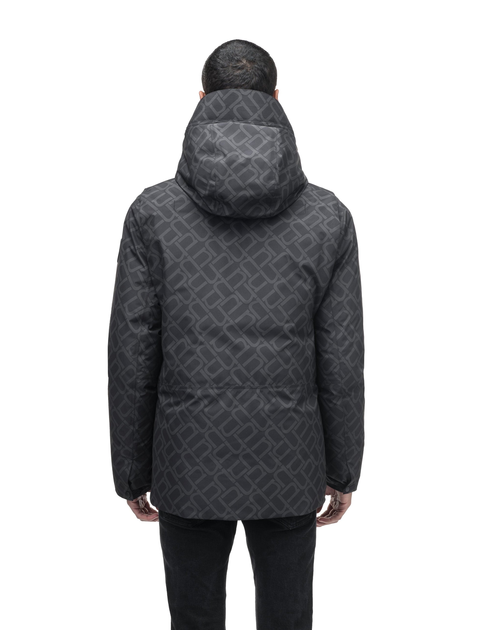 Geo Men's Short Parka in hip length, Canadian duck down insulation, non-removable hood, and two-way zipper, in Dark Monogram