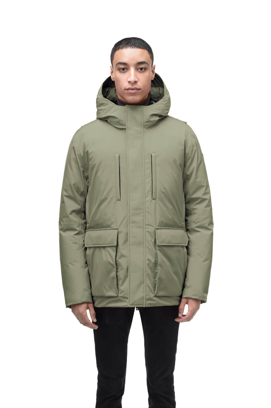 Geo Men's Short Parka in hip length, Canadian duck down insulation, non-removable hood, and two-way zipper, in Clover